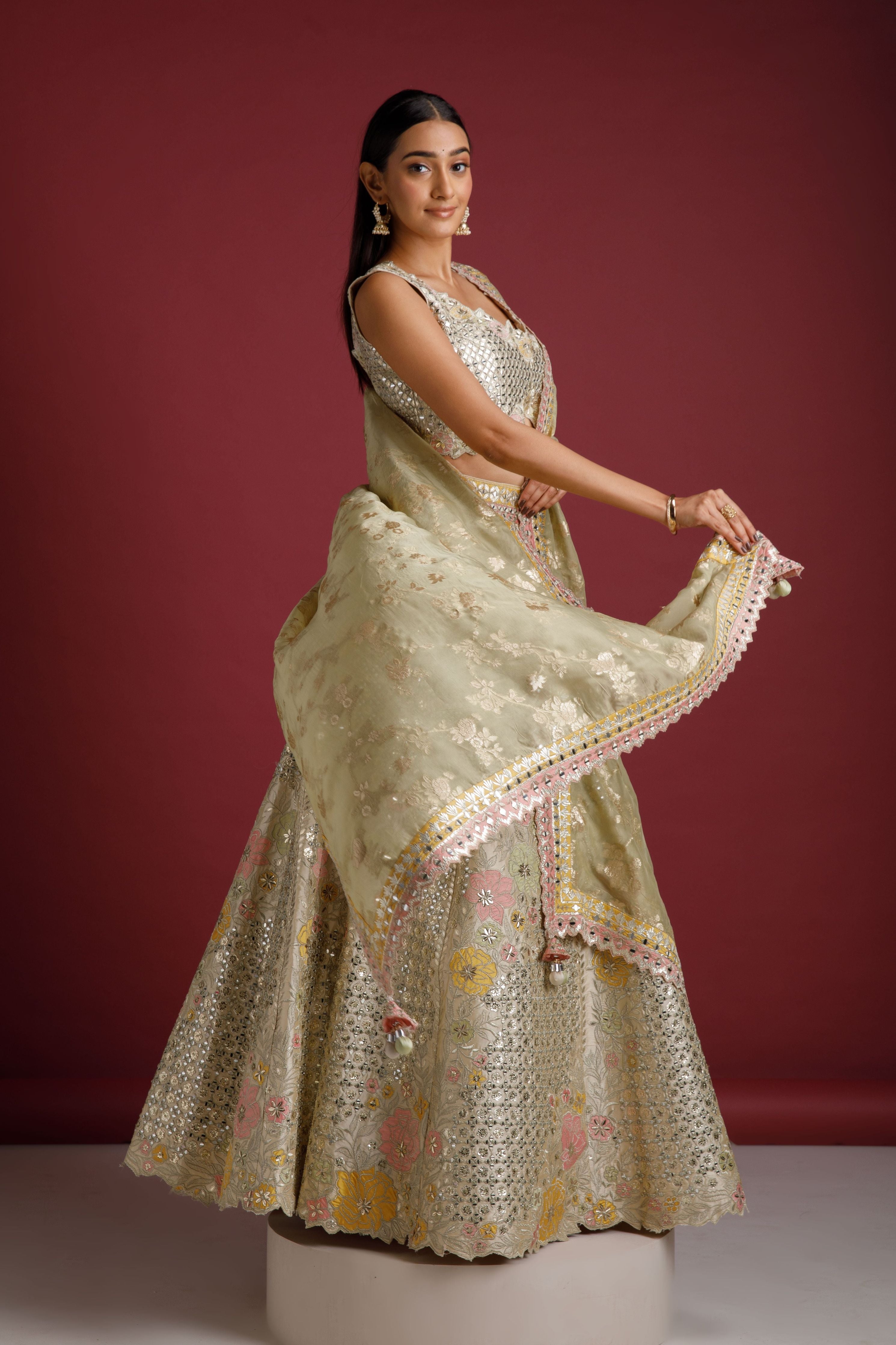 Ivory Lehenga with Mirror Work - Mokshaa