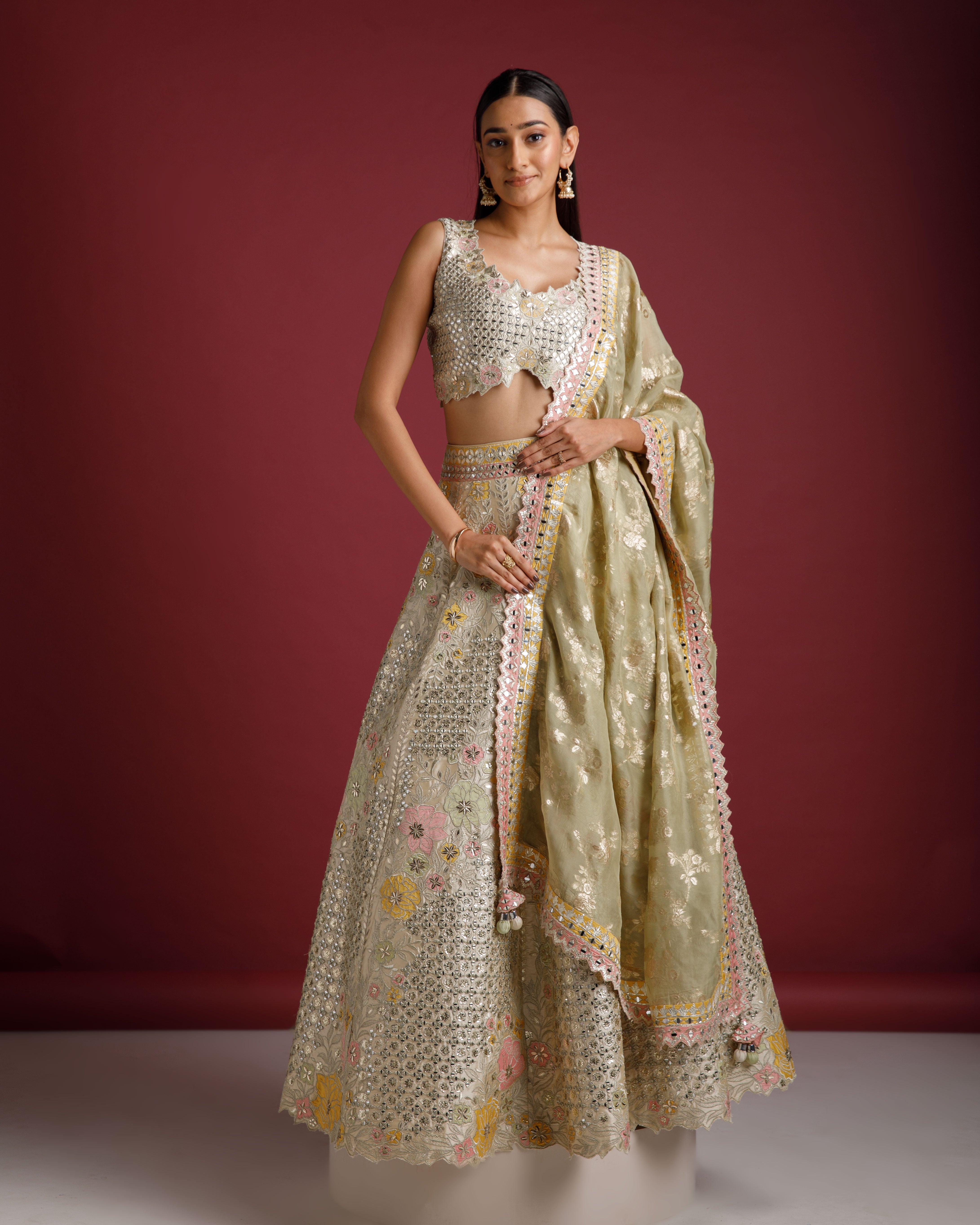 Ivory Lehenga with Mirror Work - Mokshaa