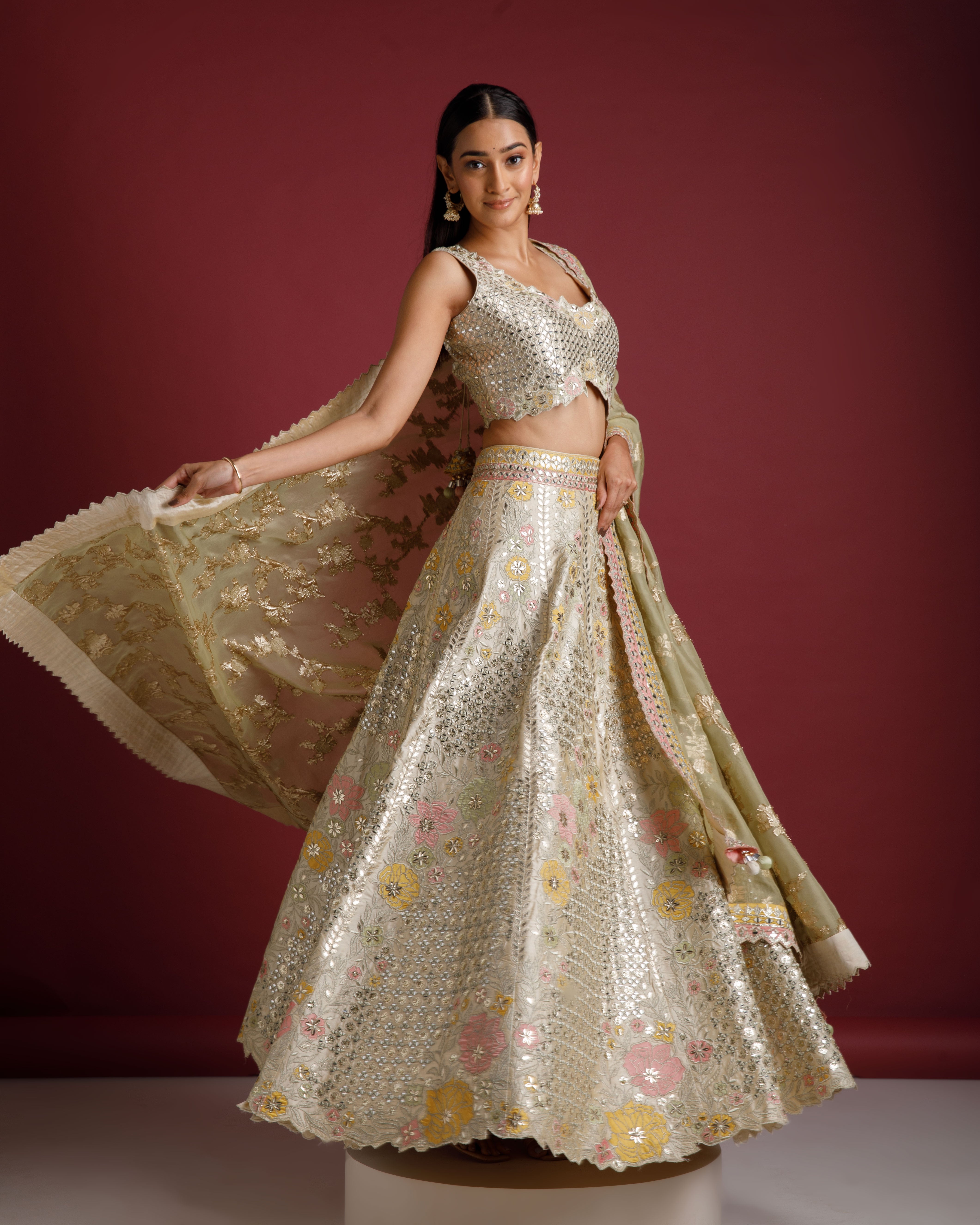 Ivory Lehenga with Mirror Work - Mokshaa