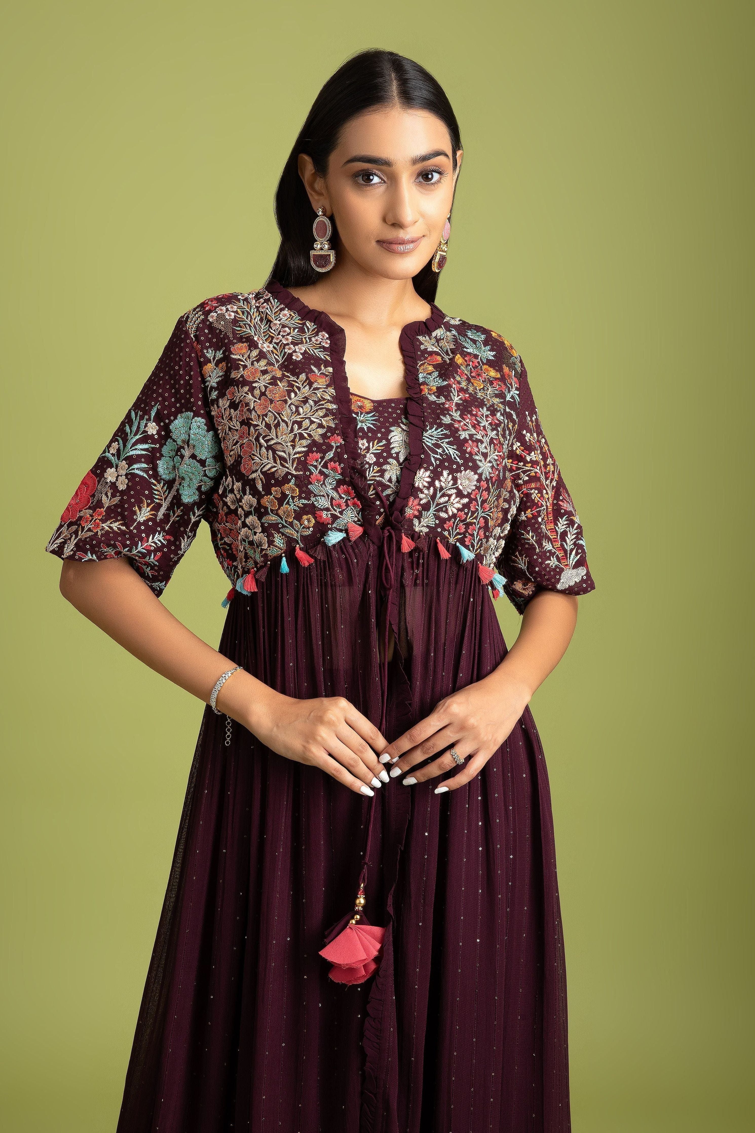 Wine Georgette Indo-Western - Mokshaa