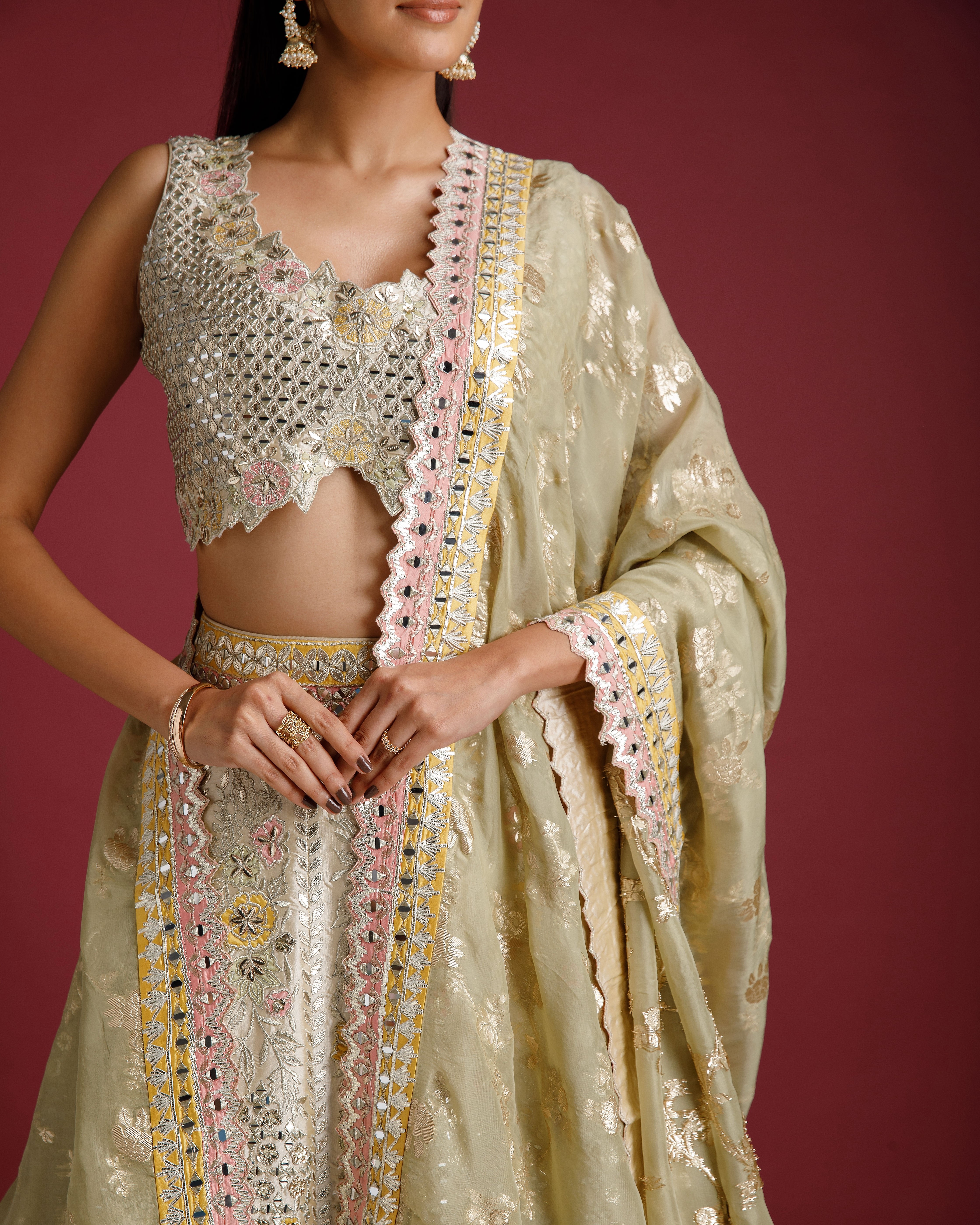 Ivory Lehenga with Mirror Work - Mokshaa