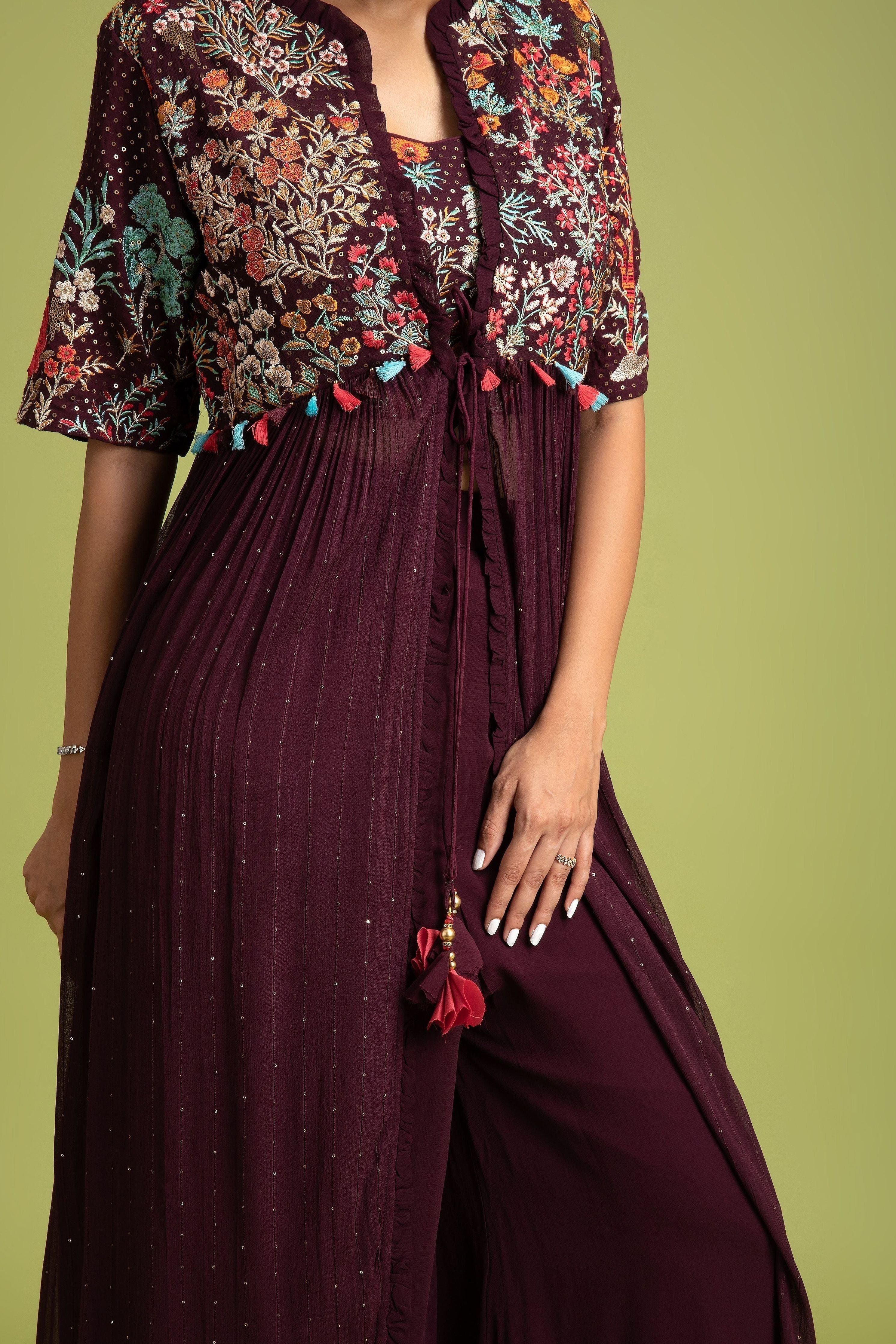 Wine Georgette Indo-Western - Mokshaa