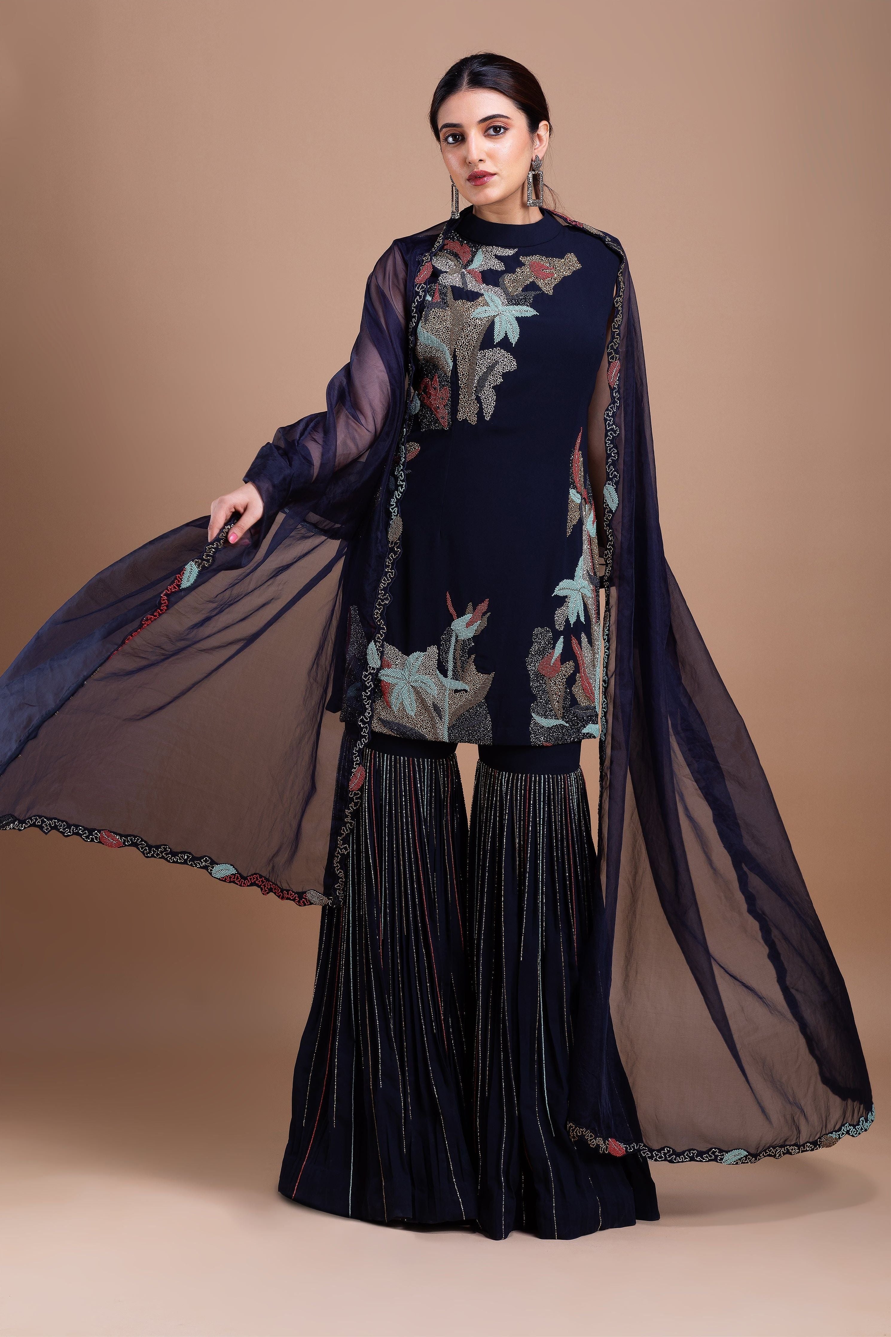 Black Cheed Floral Sharara Suit Set  Mokshaa