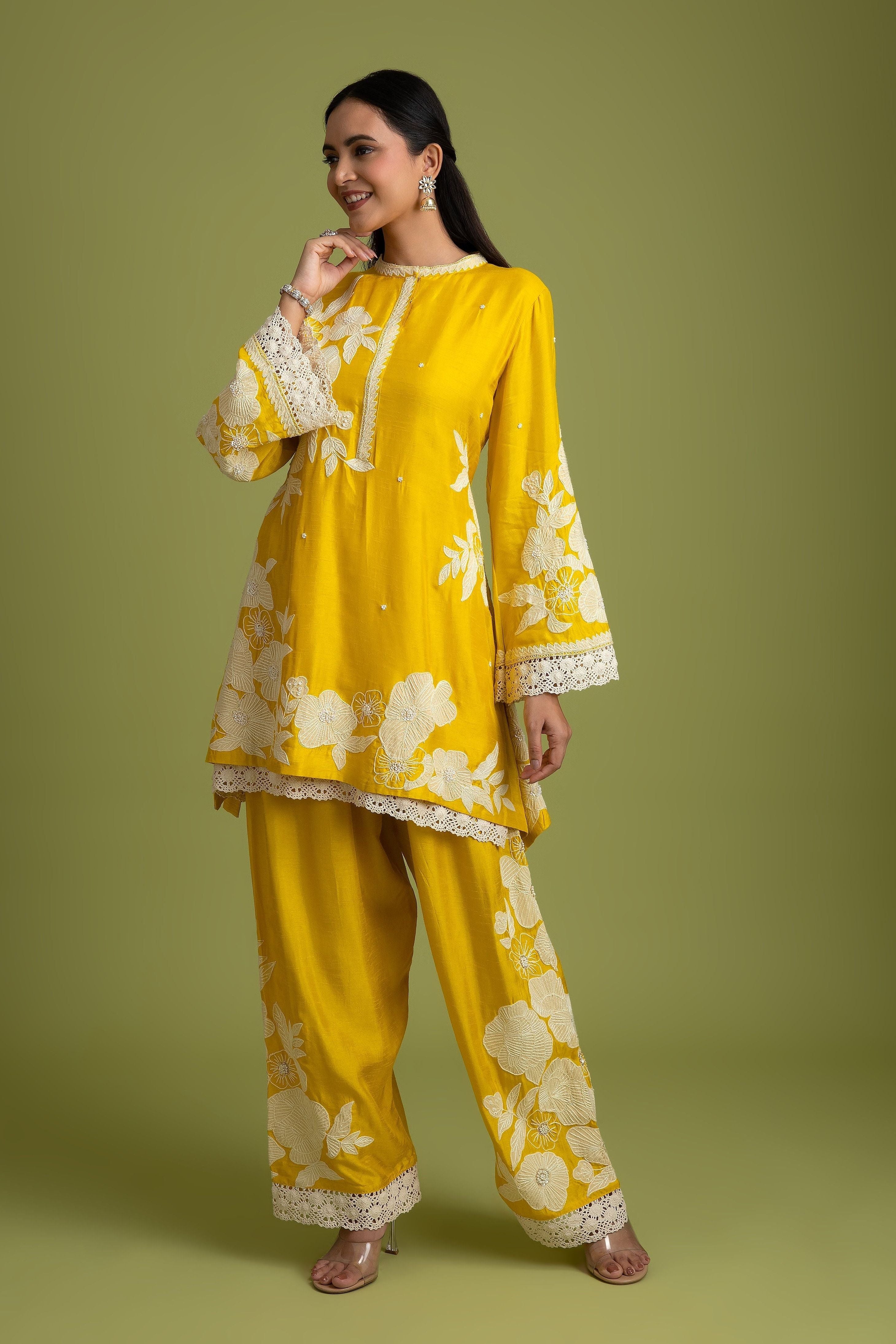 Yellow Silk short Kurta and trousers set - Mokshaa