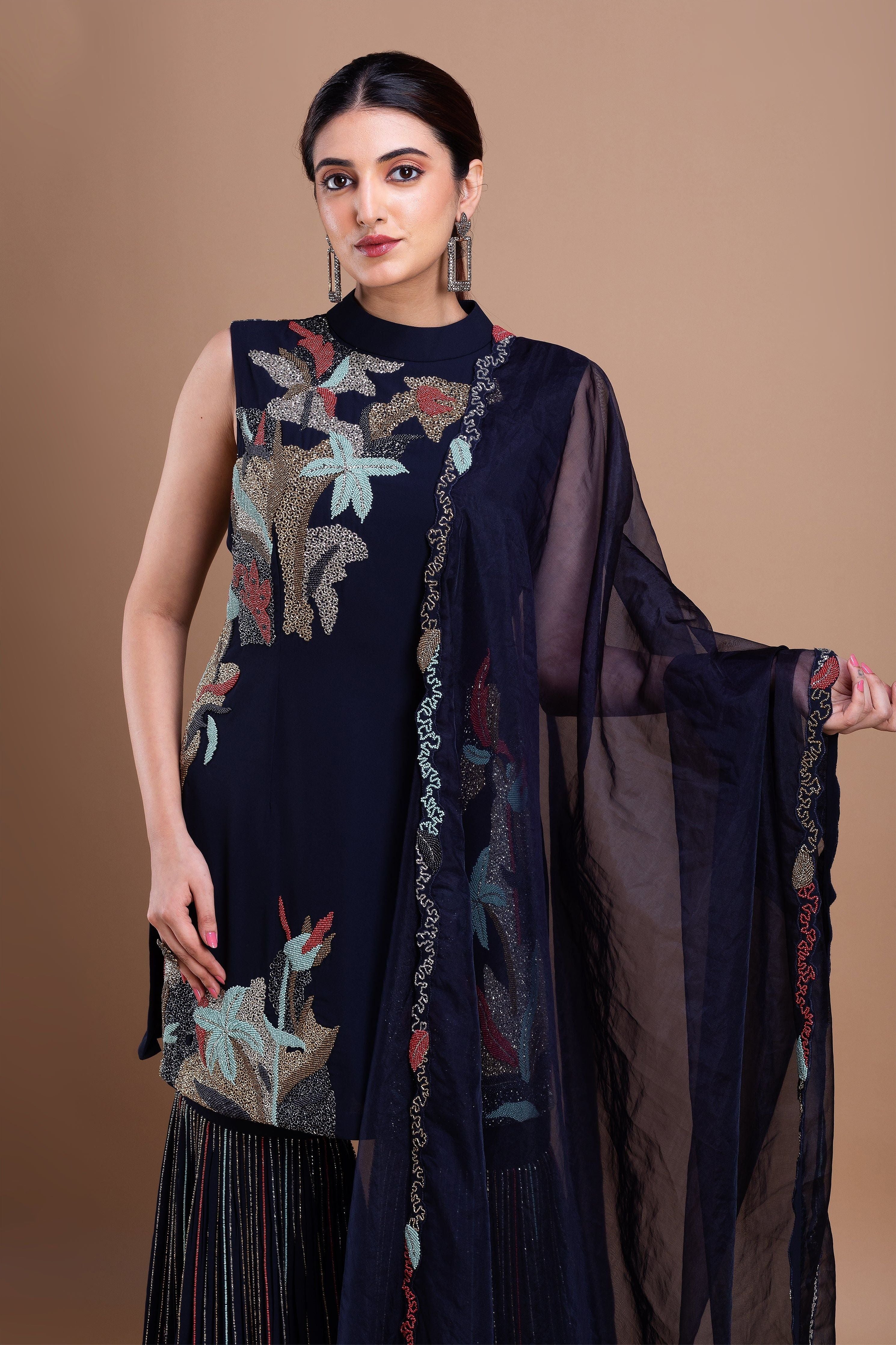 Black Cheed Floral Sharara Suit Set  Mokshaa