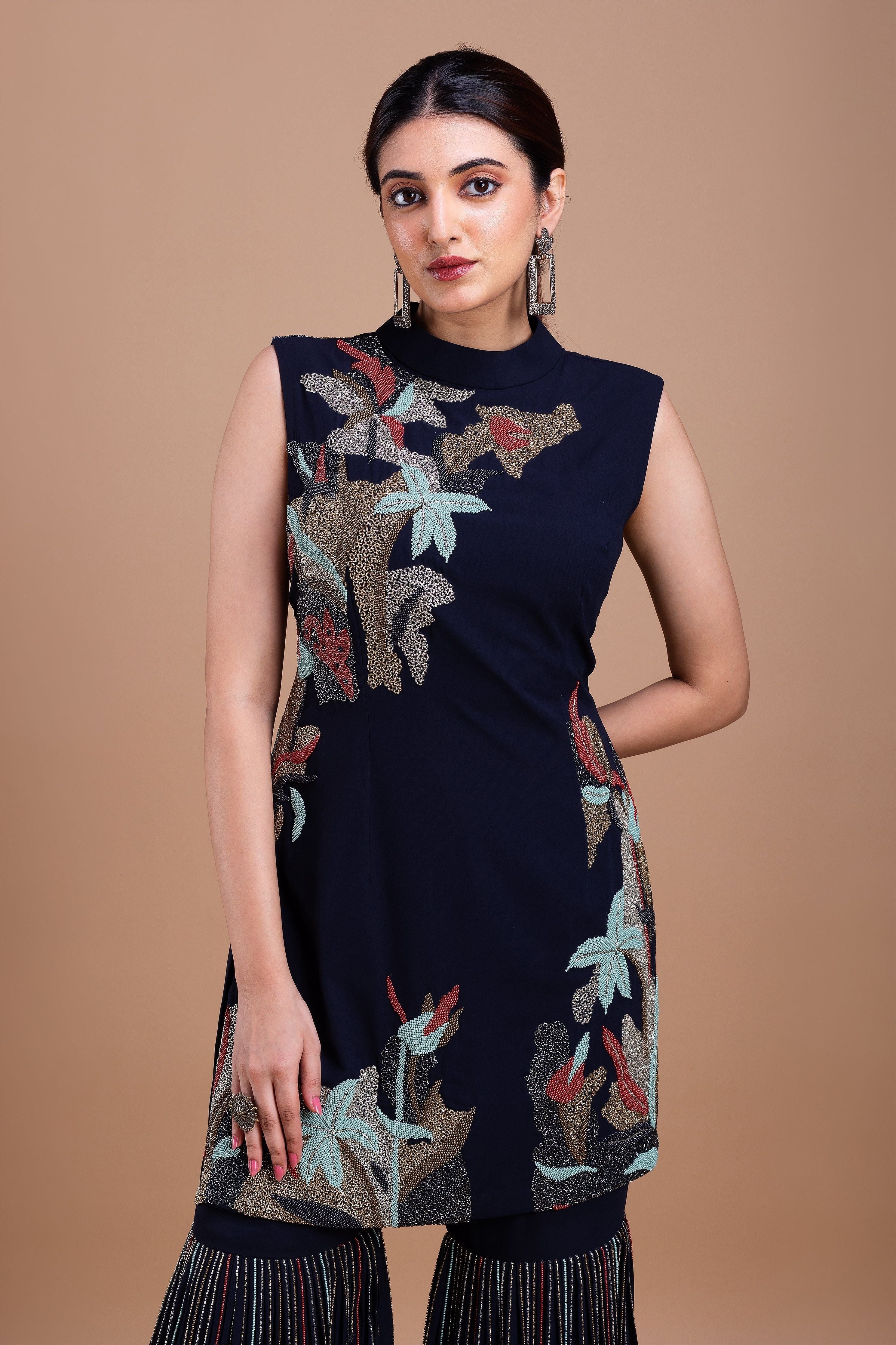 Black Cheed Floral Sharara Suit Set  Mokshaa