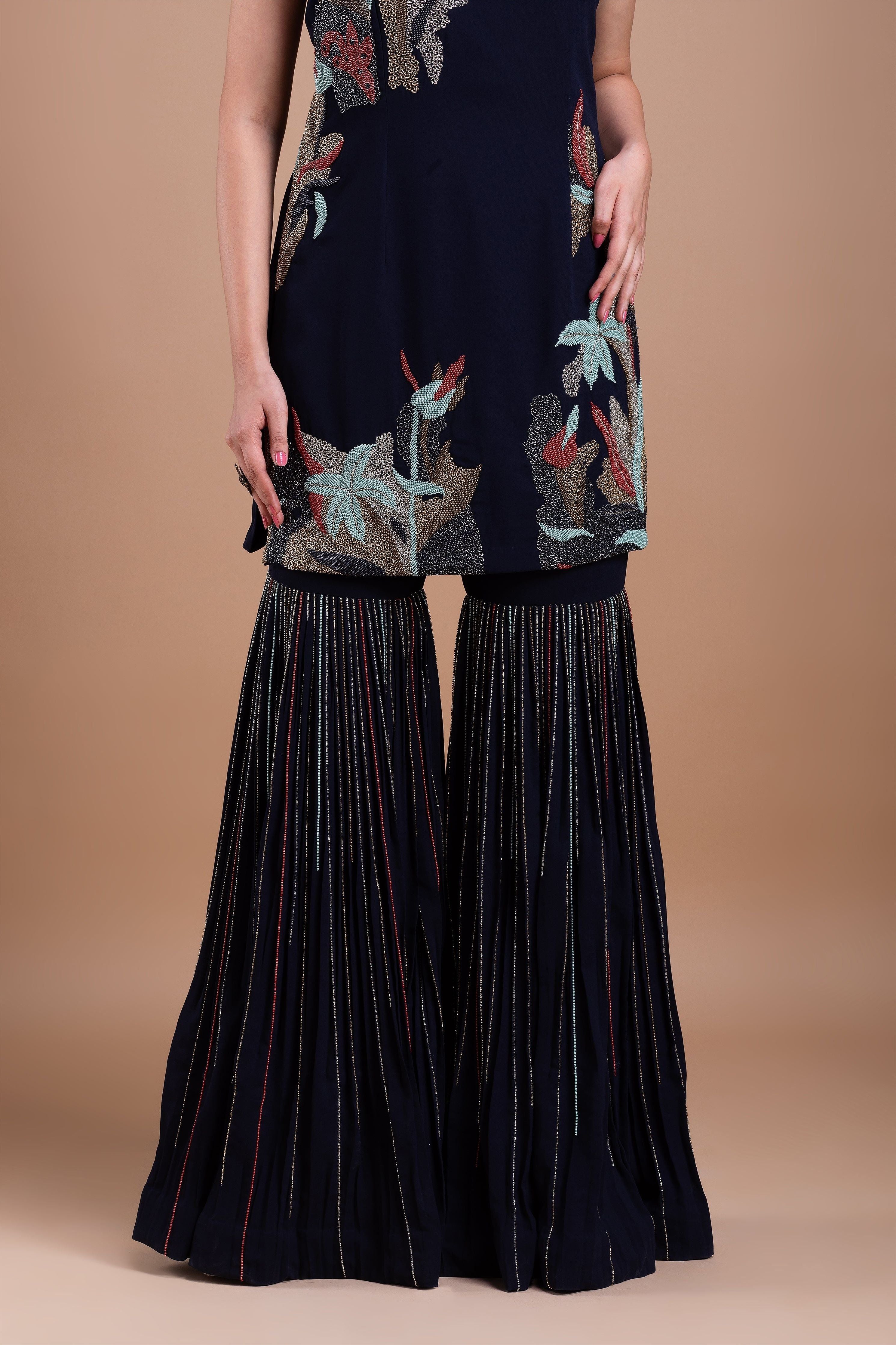 Black Cheed Floral Sharara Suit Set  Mokshaa