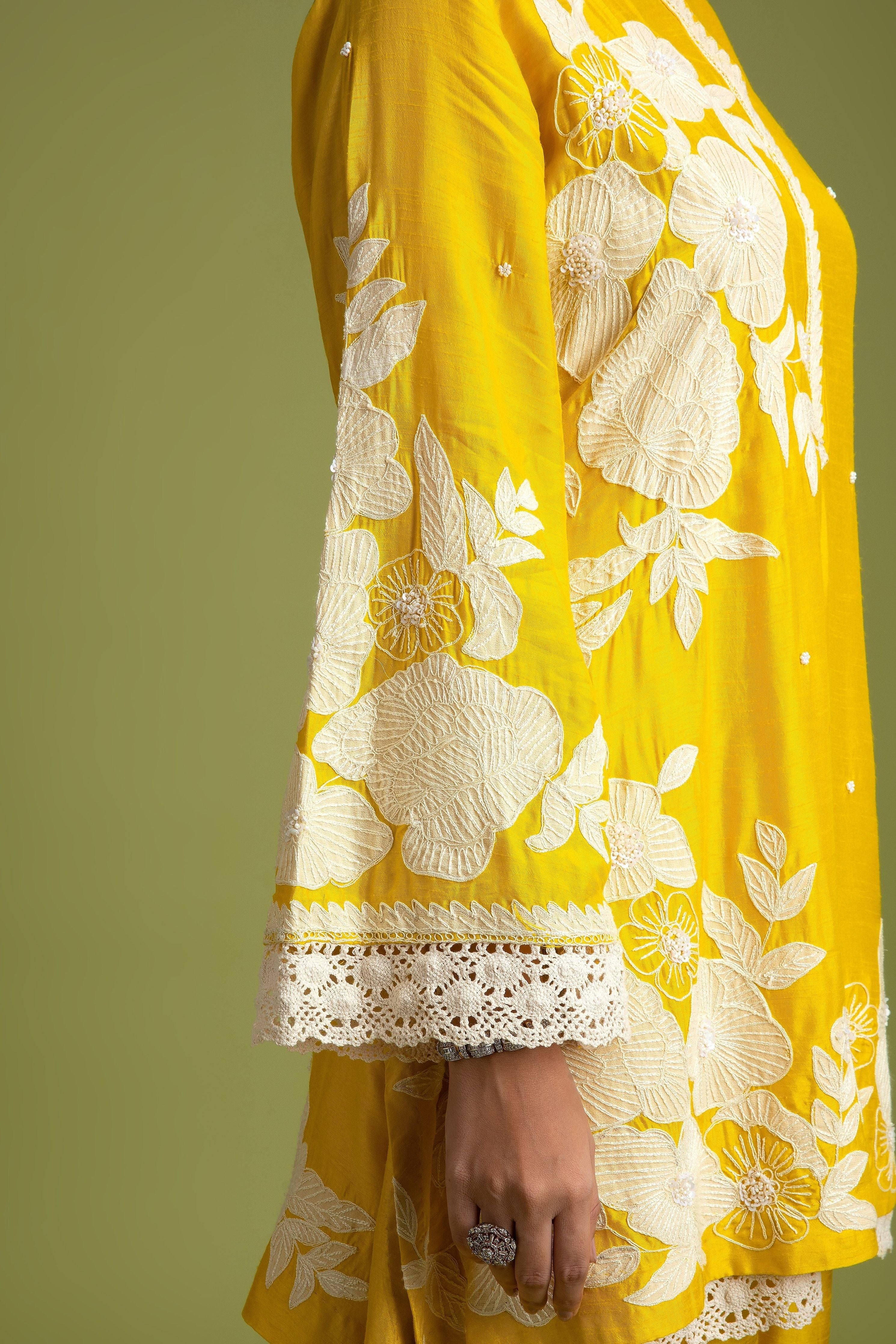 Yellow Silk short Kurta and trousers set - Mokshaa