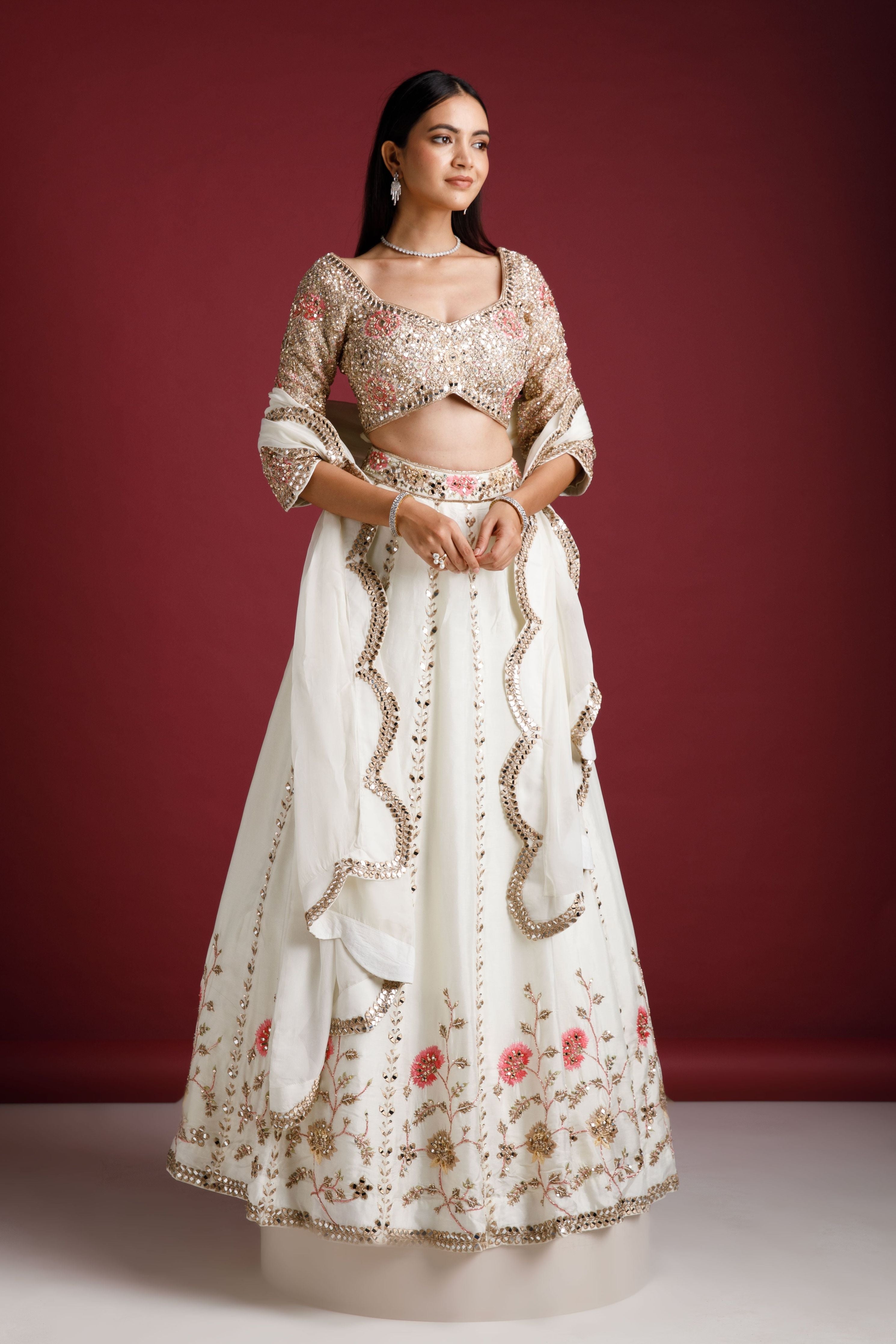 Ivory Embroidered Lehenga with Floral Motifs - Mokshaa