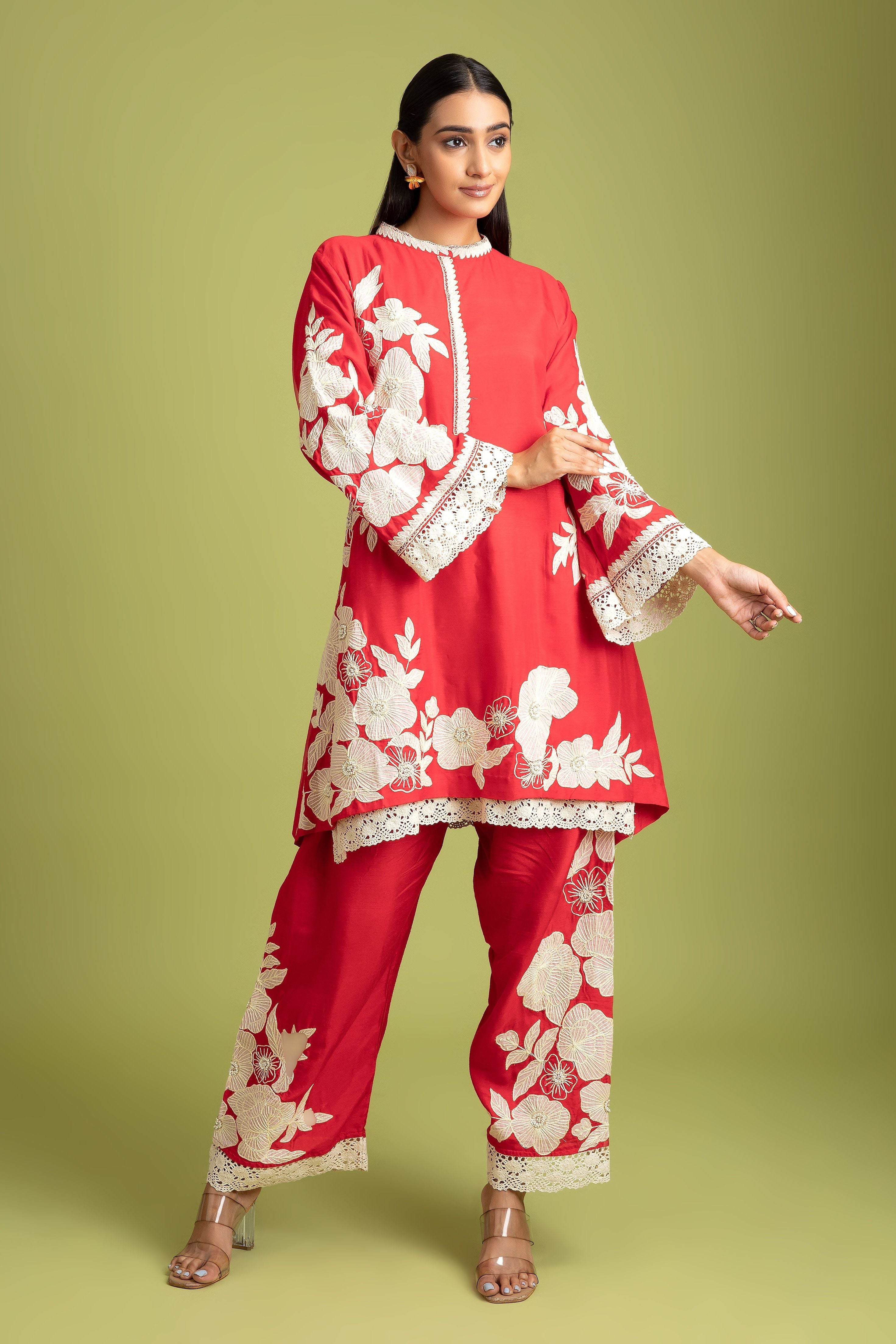 Red Silk short Kurta and trousers set - Mokshaa