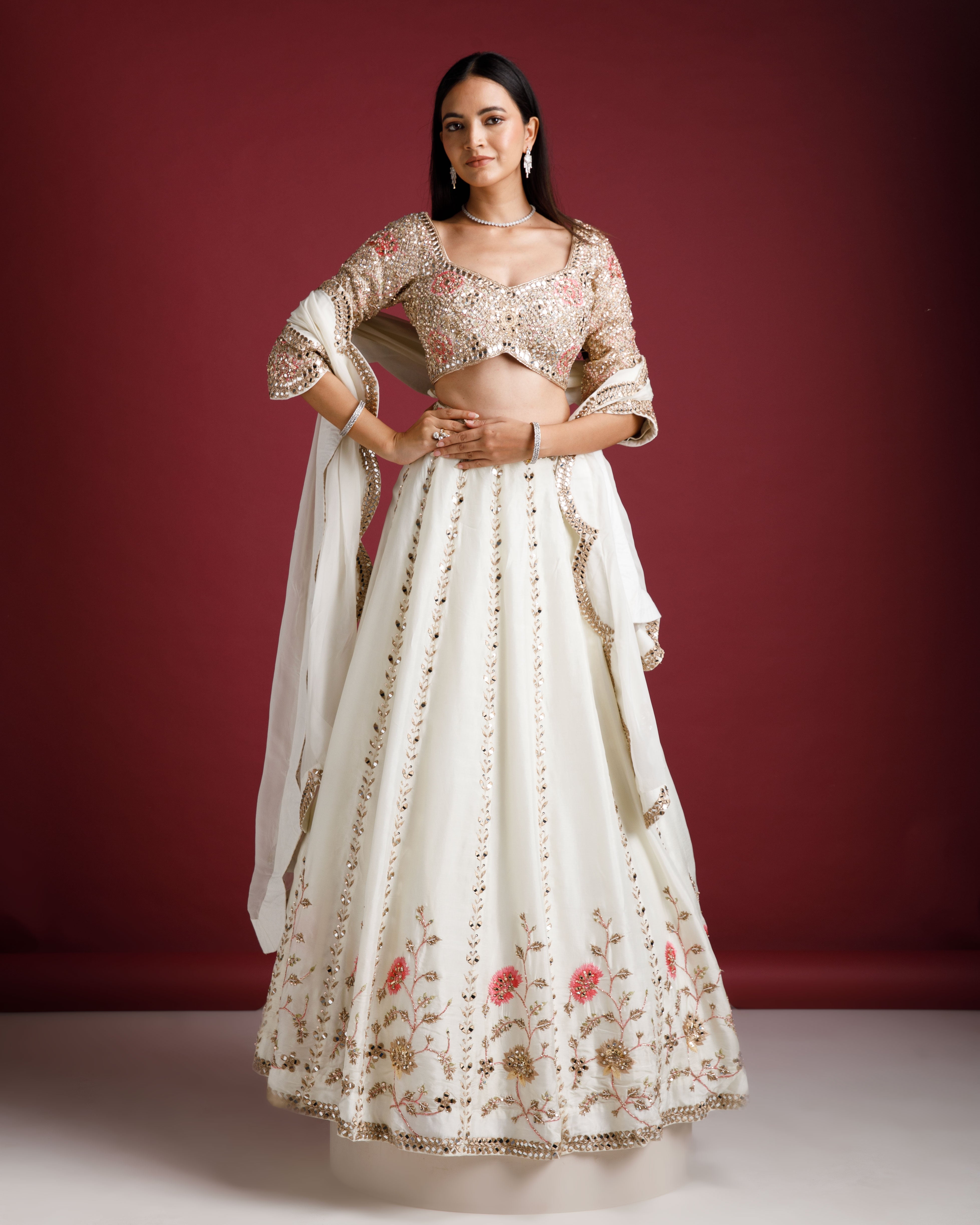 Ivory Embroidered Lehenga with Floral Motifs - Mokshaa