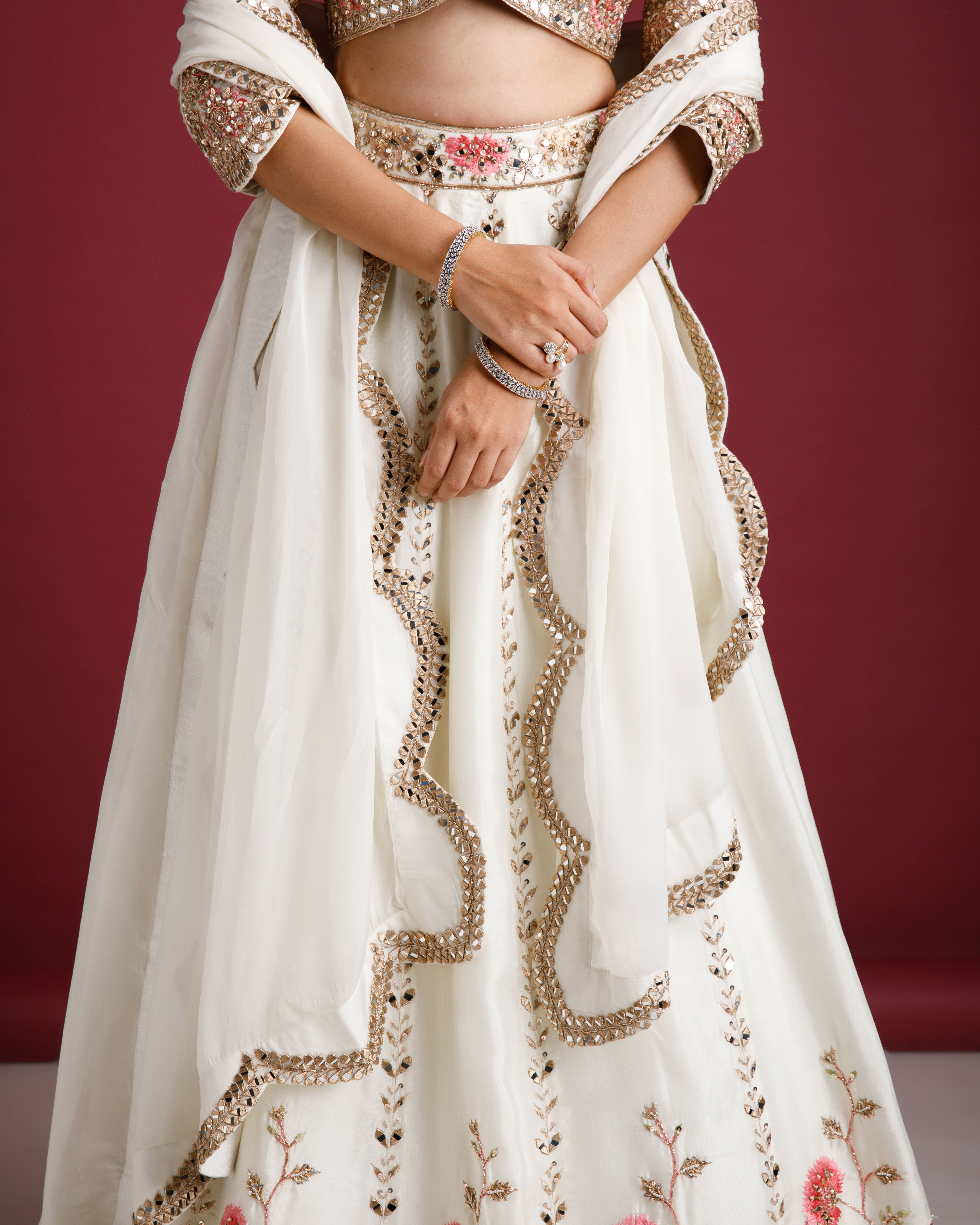 Ivory Embroidered Lehenga with Floral Motifs - Mokshaa