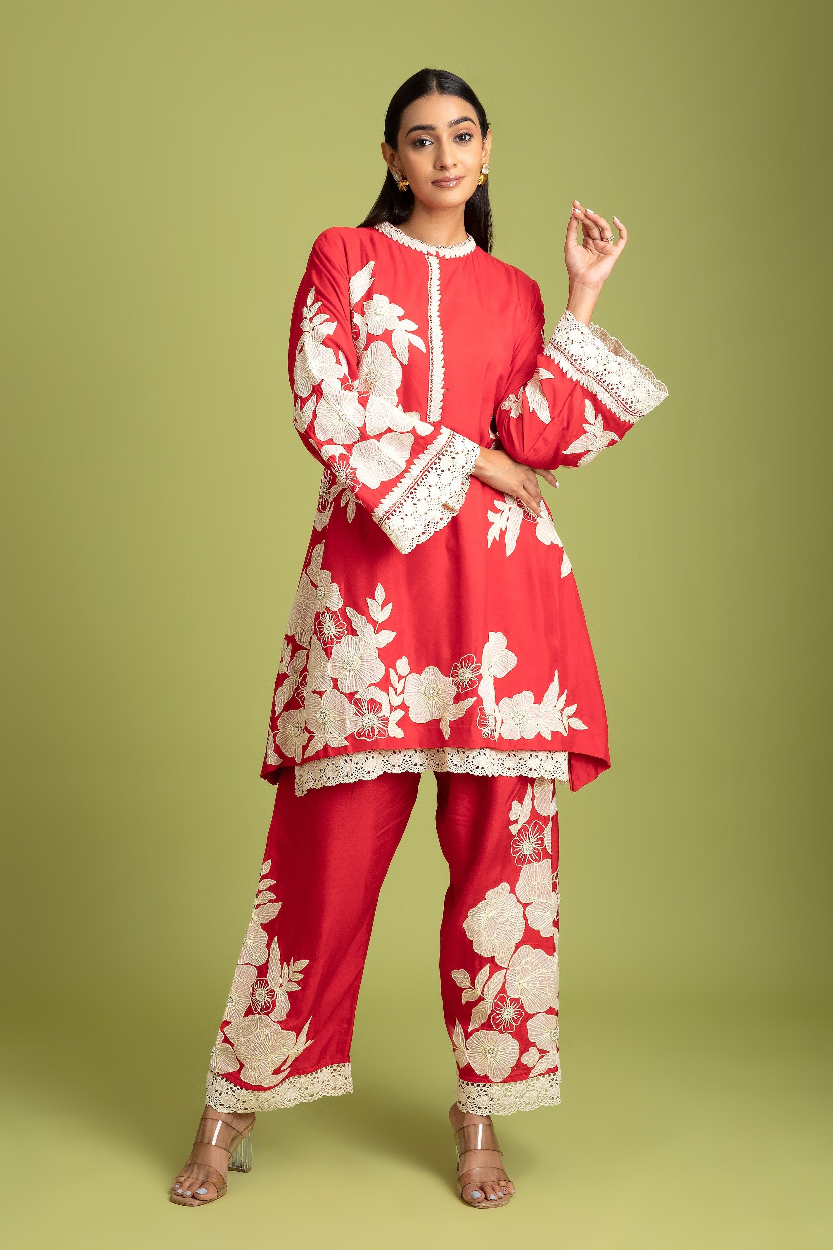 Red Silk short Kurta and trousers set - Mokshaa