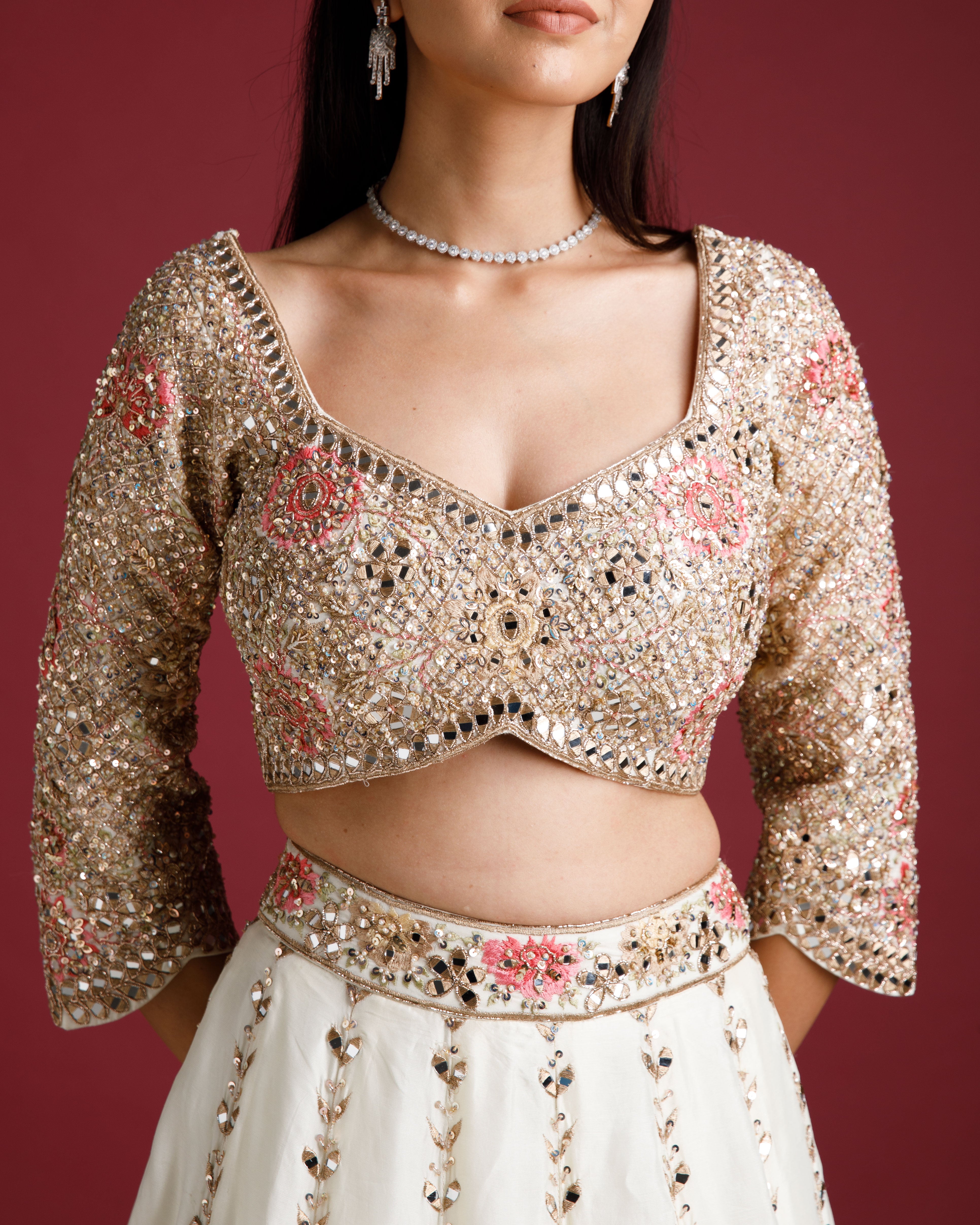 Ivory Embroidered Lehenga with Floral Motifs - Mokshaa