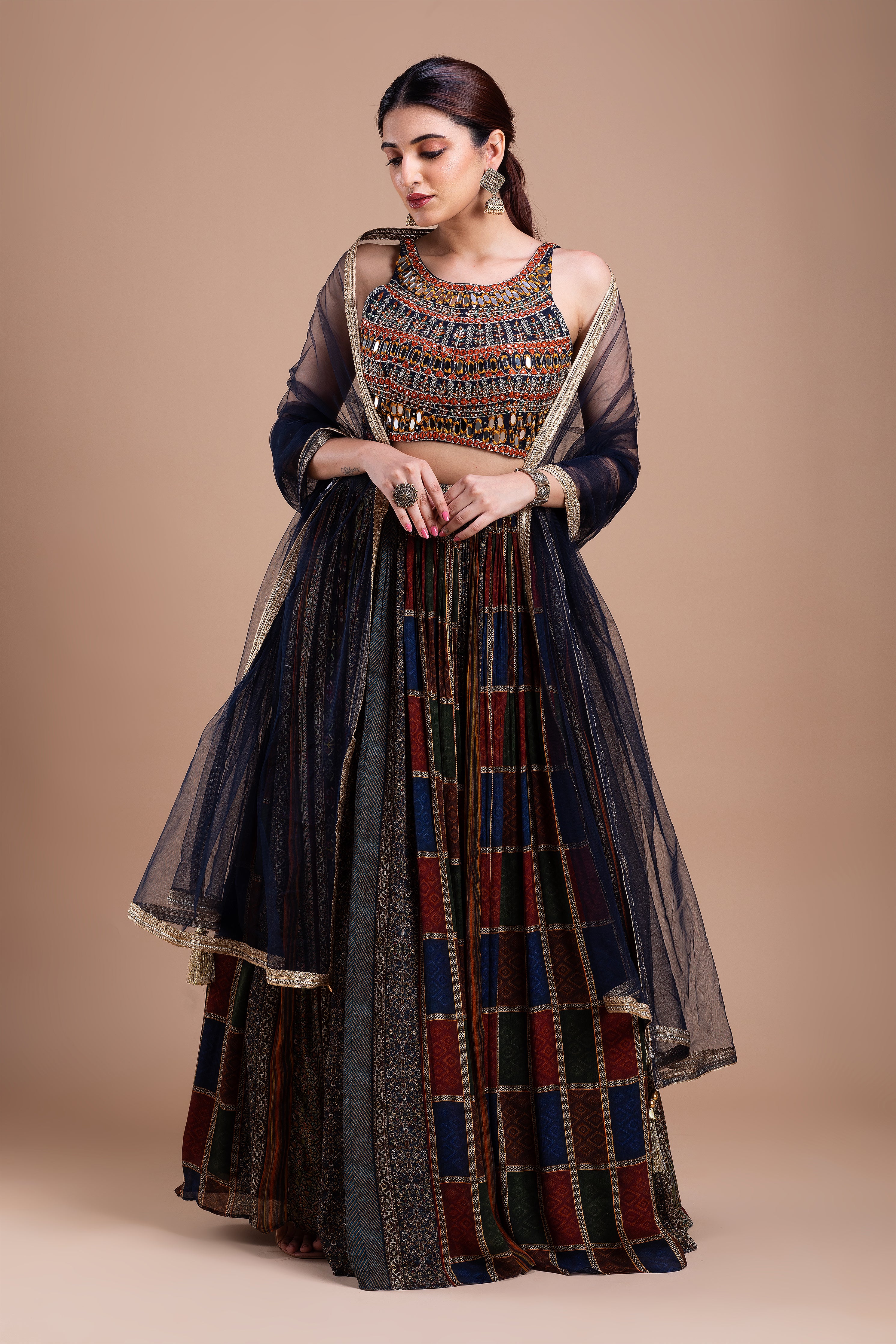 Multicolored Mirror-Embellished Lehenga Set  Mokshaa