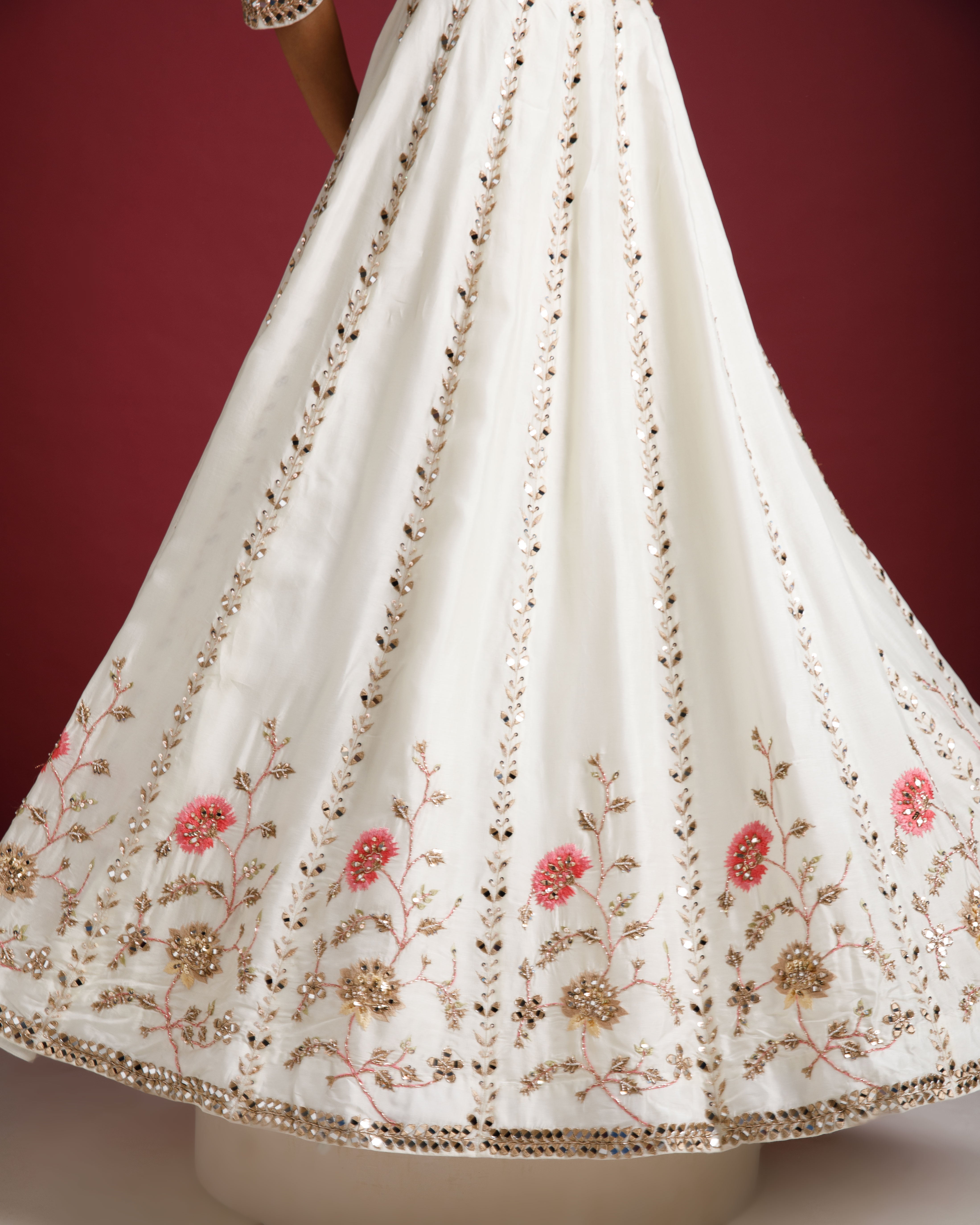 Ivory Embroidered Lehenga with Floral Motifs - Mokshaa