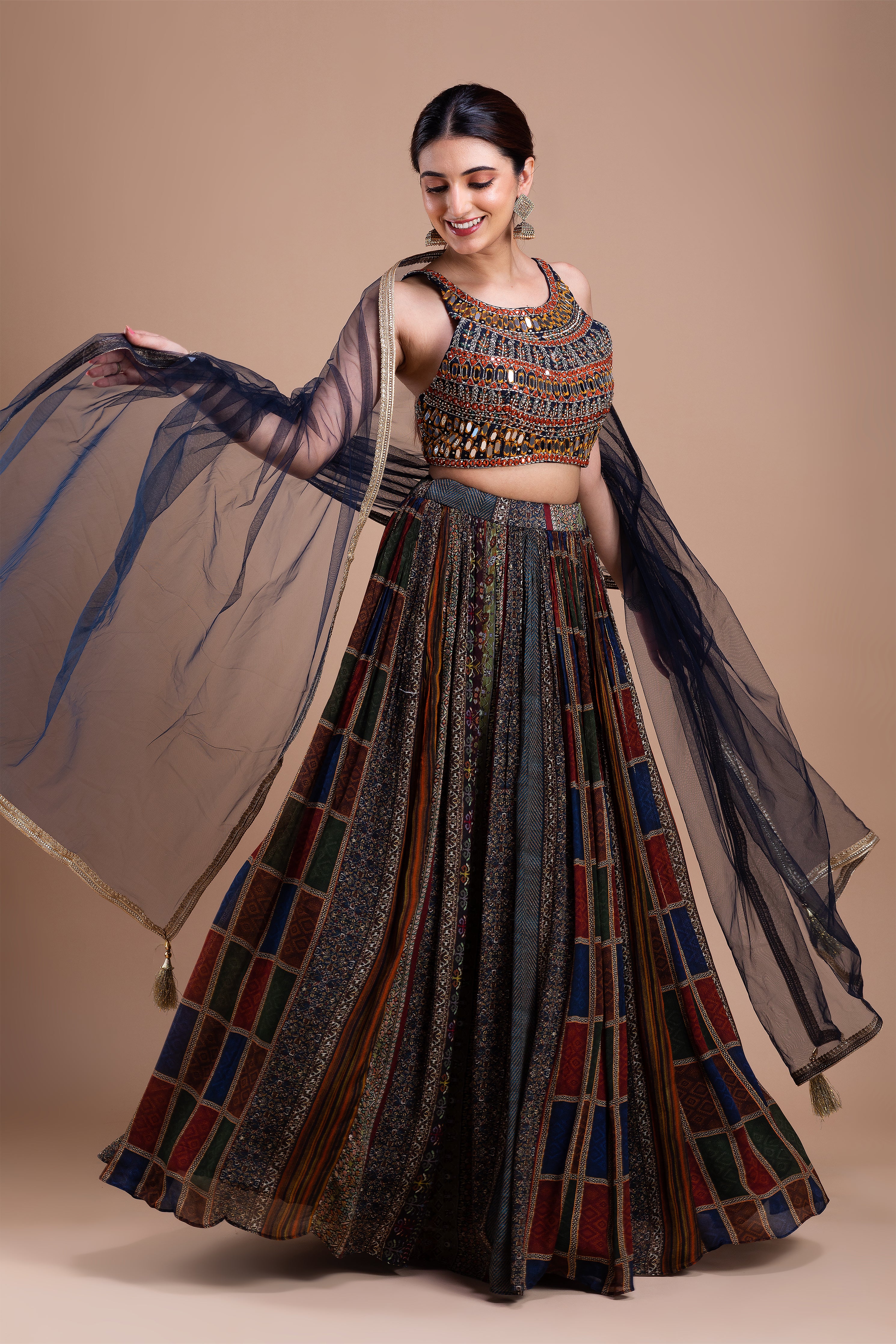 Multicolored Mirror-Embellished Lehenga Set  Mokshaa