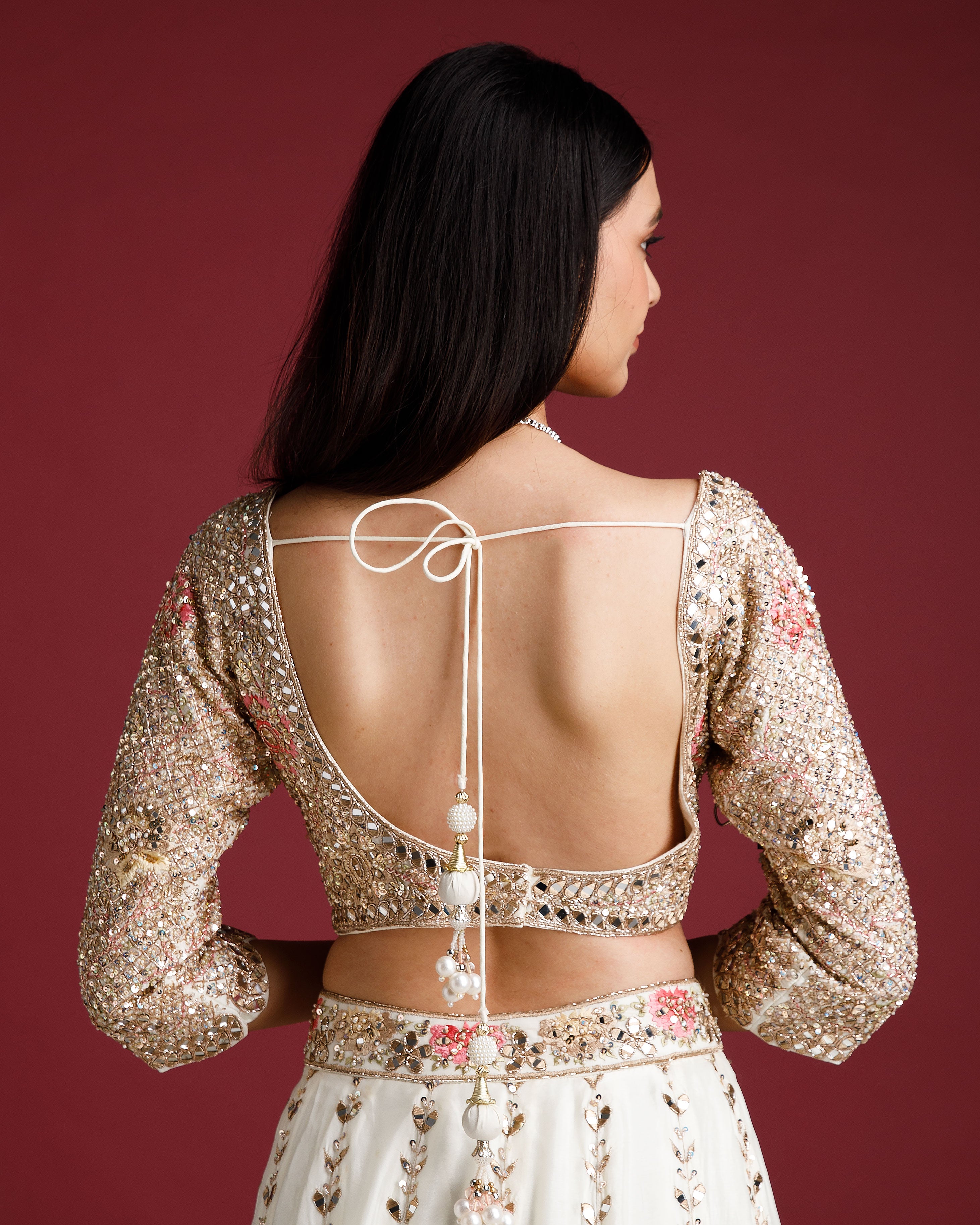 Ivory Embroidered Lehenga with Floral Motifs - Mokshaa