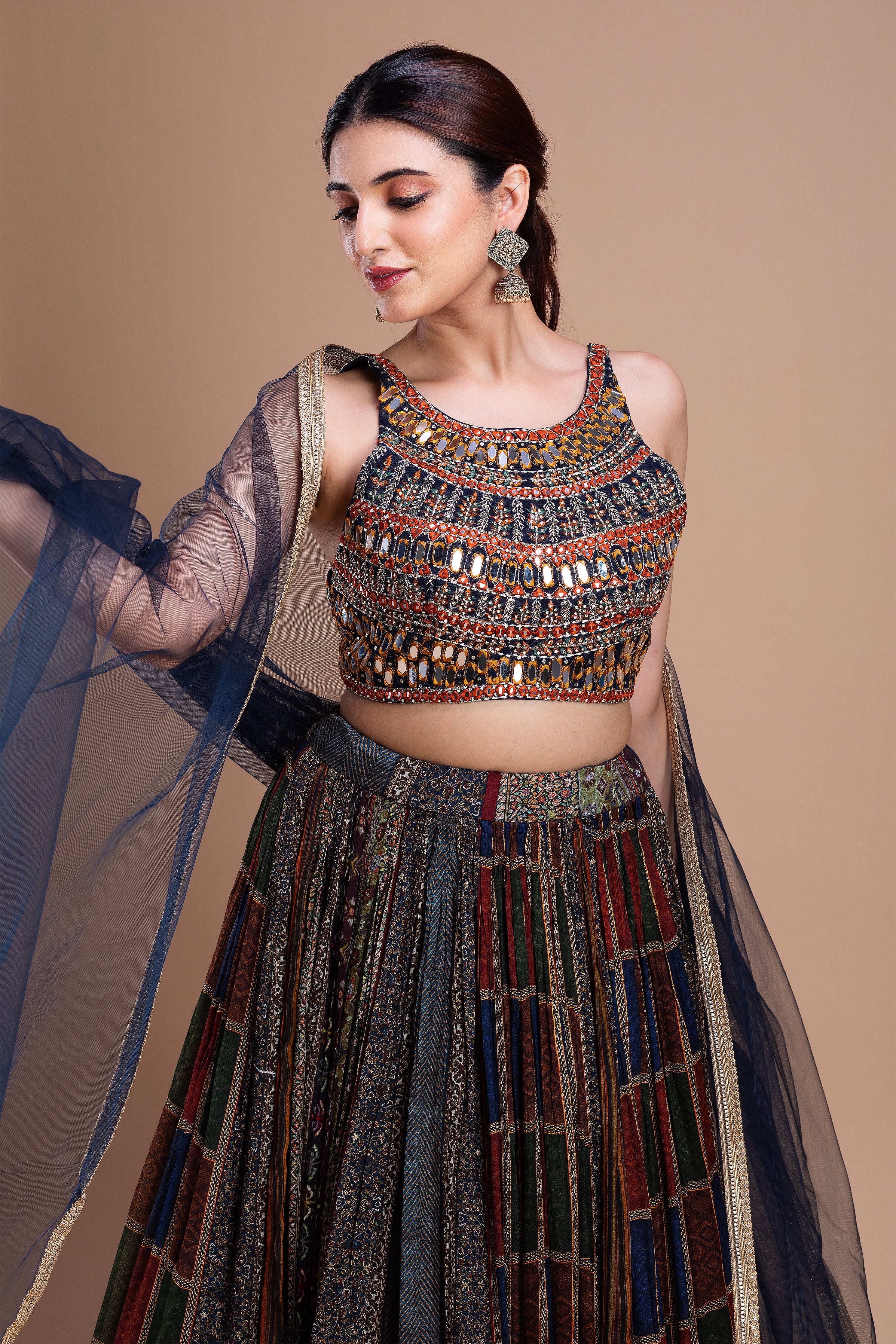 Multicolored Mirror-Embellished Lehenga Set  Mokshaa