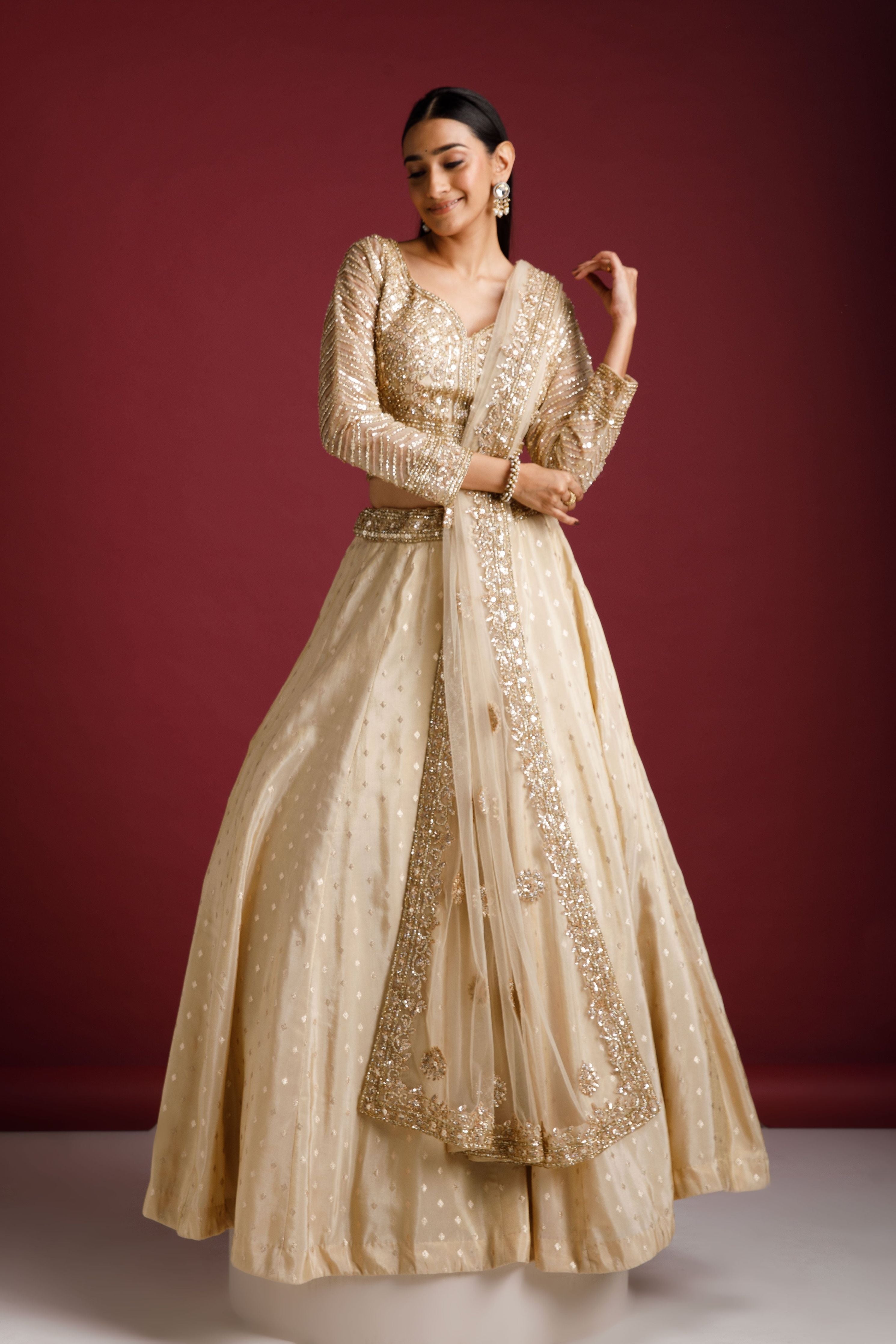 Beige Sequin Embriodred Lehenga Set - Mokshaa