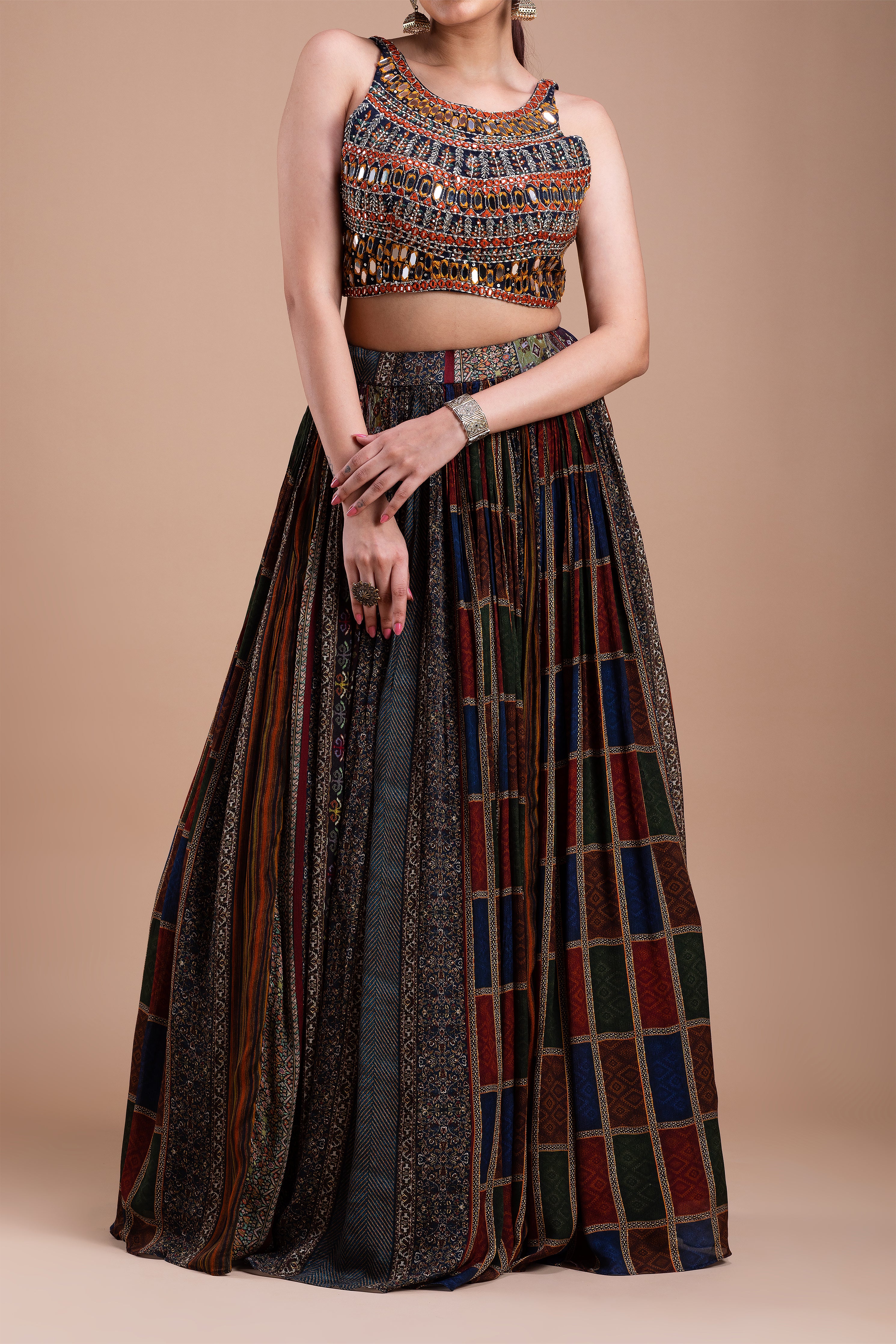 Multicolored Mirror-Embellished Lehenga Set  Mokshaa