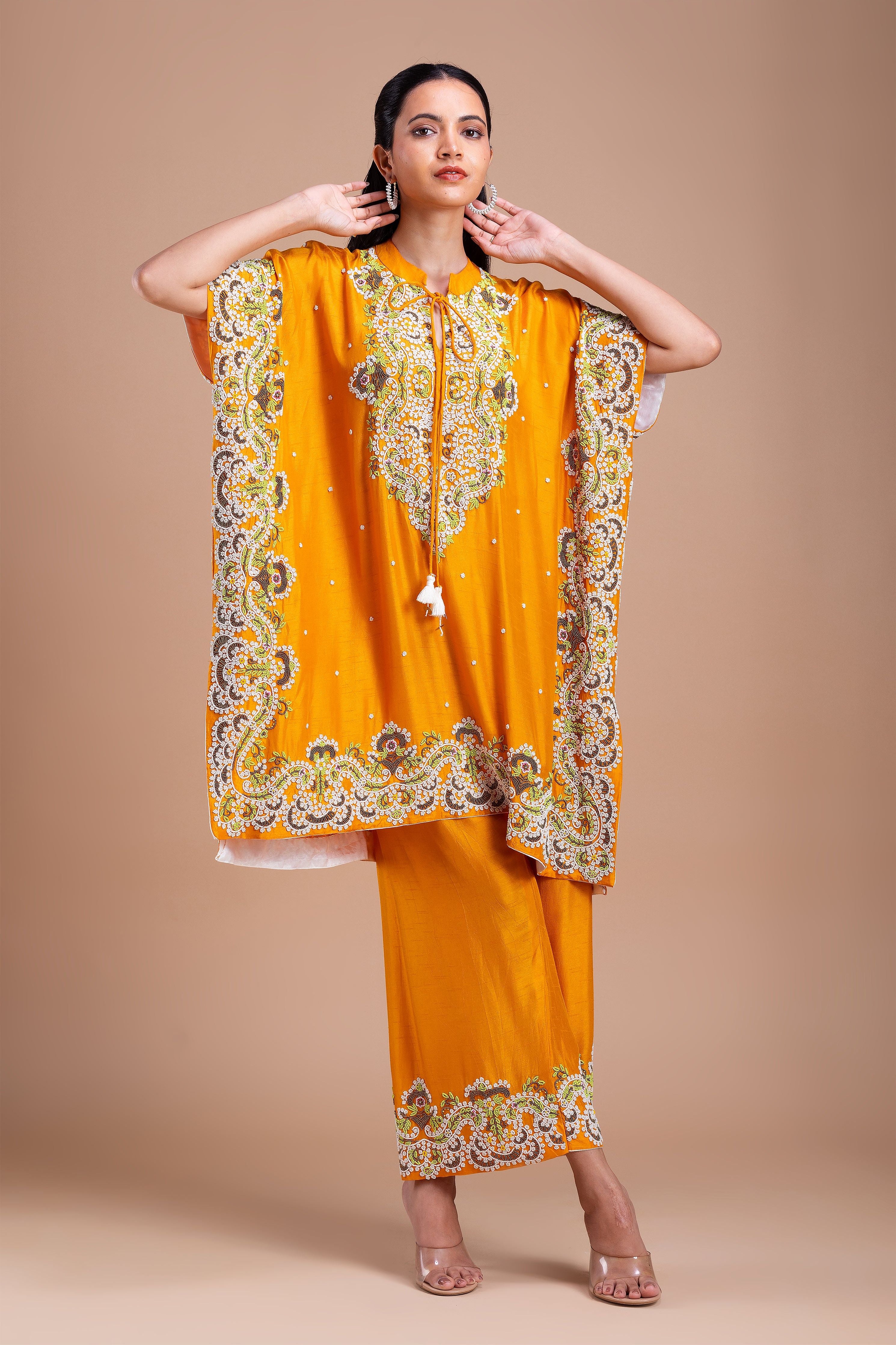 Mustard Yellow Kaftan Style Indowestern Set  Mokshaa