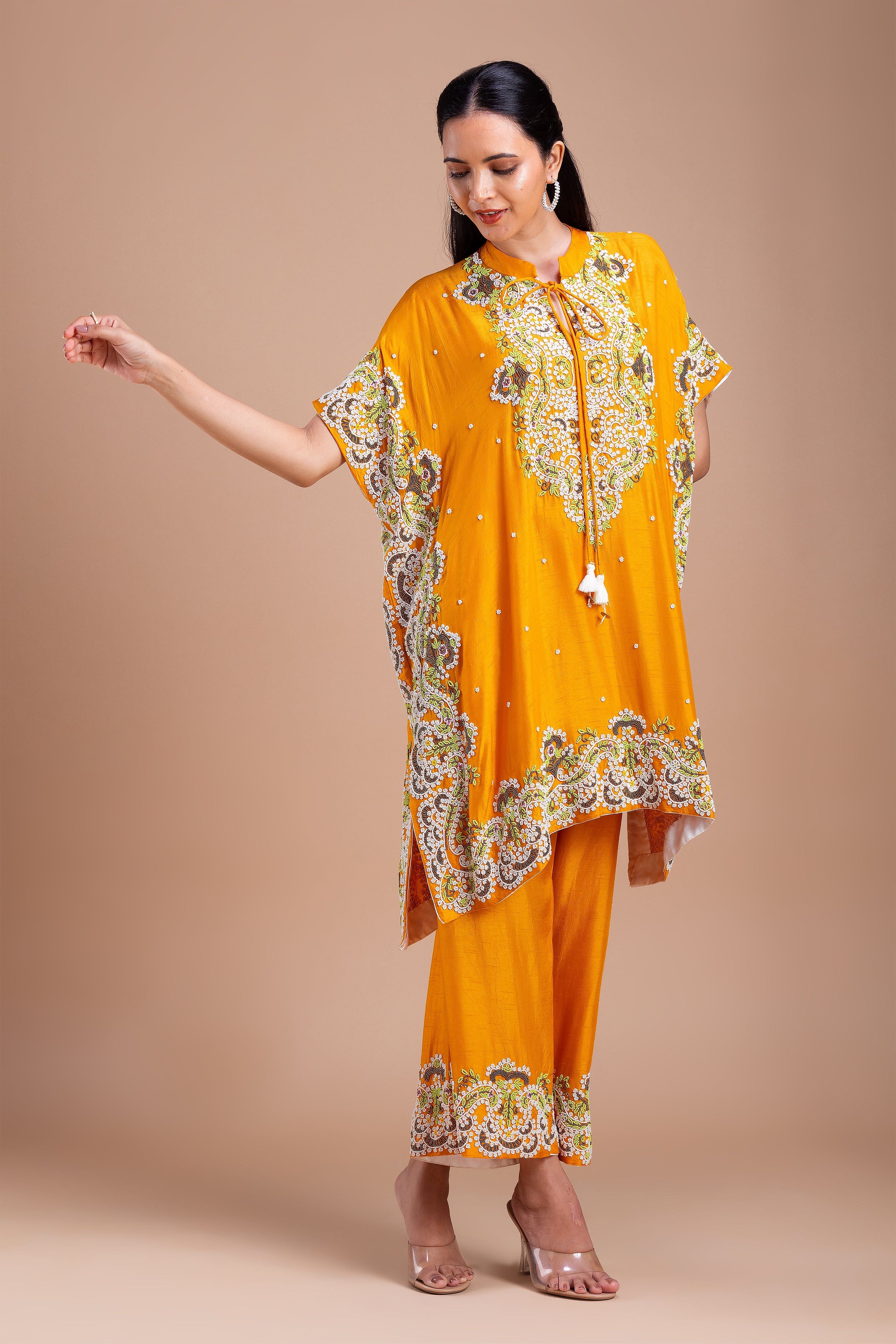 Mustard Yellow Kaftan Style Indowestern Set  Mokshaa