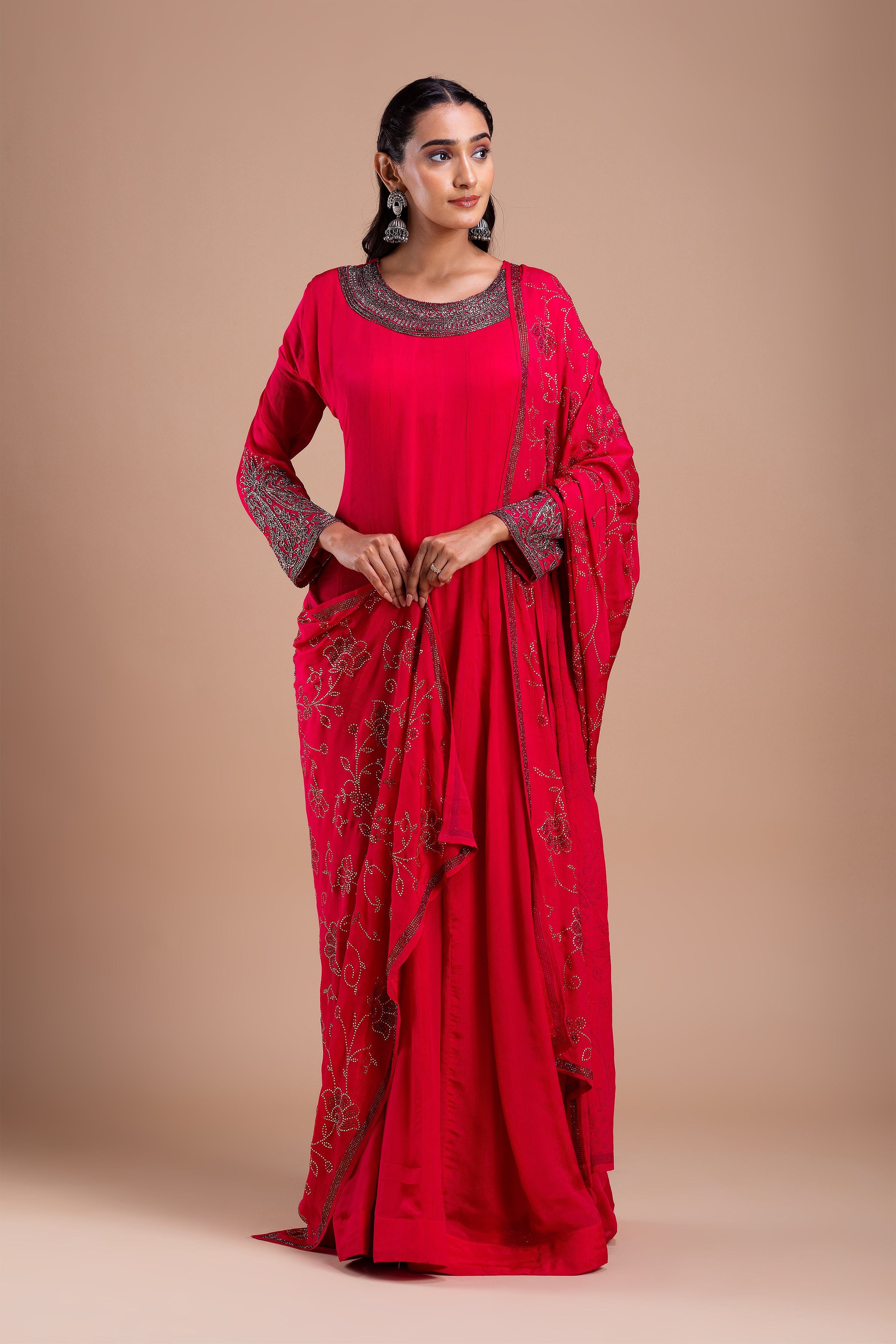 Crimson Red Embroidered Anarkali Set  Mokshaa