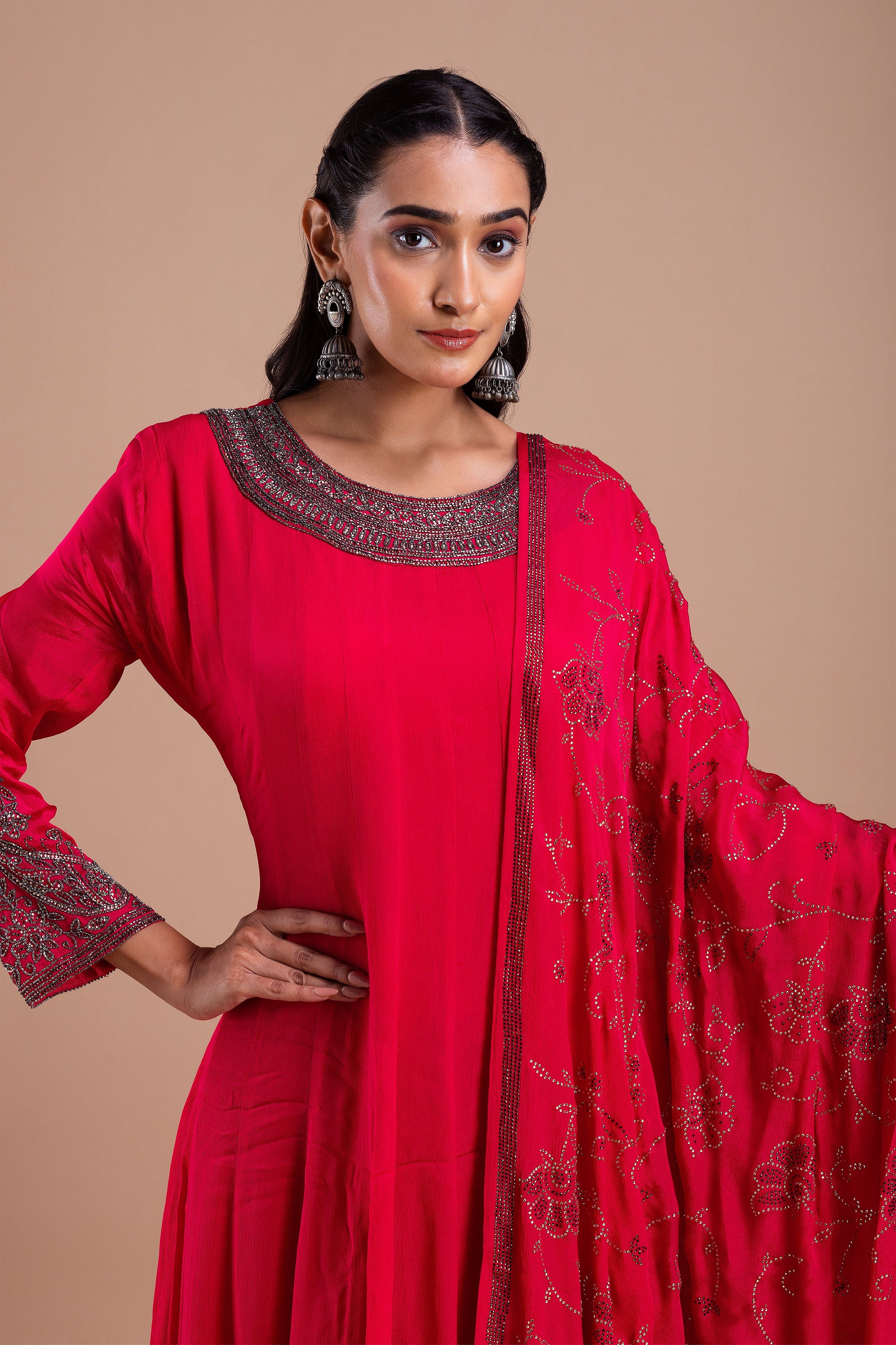 Crimson Red Embroidered Anarkali Set  Mokshaa