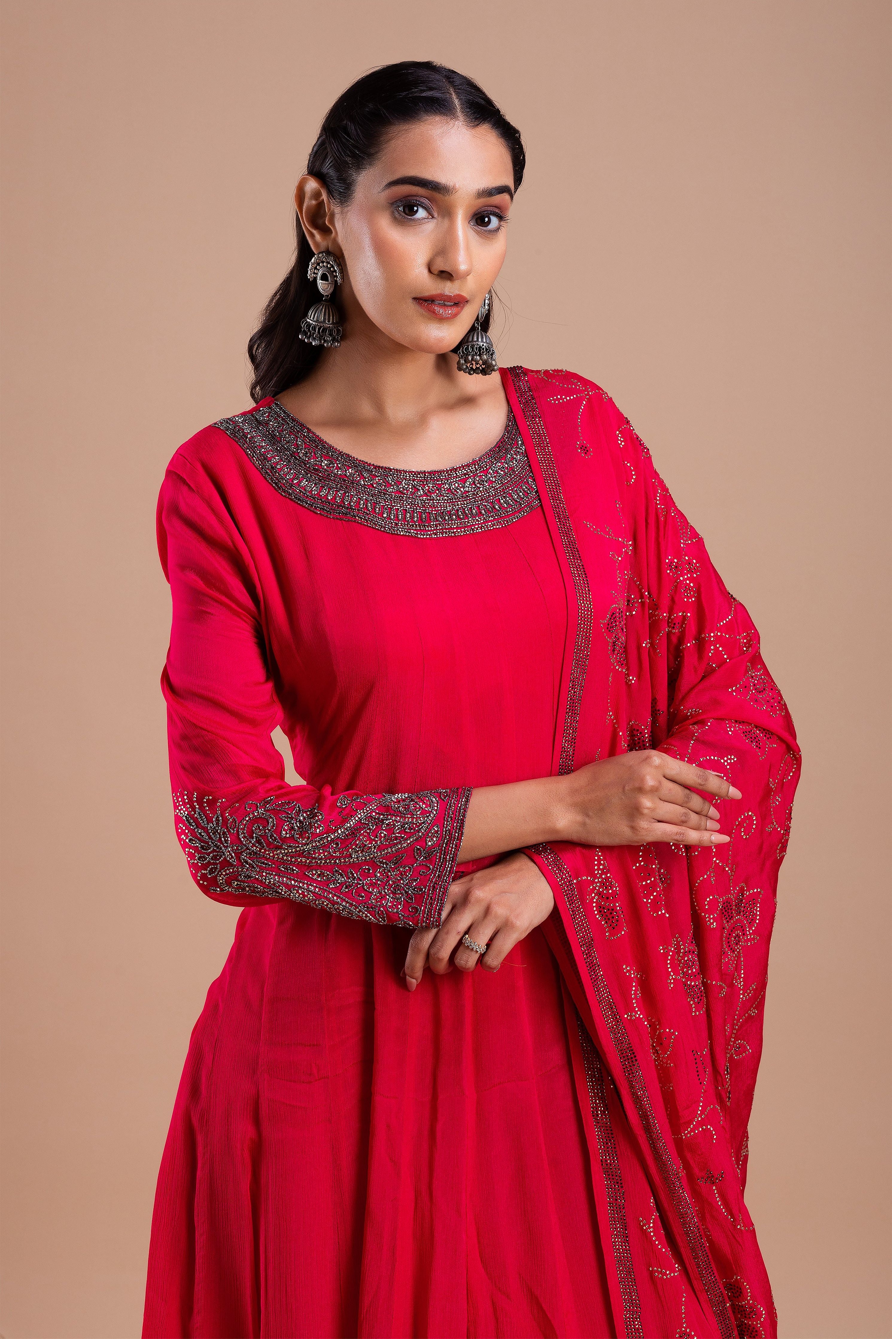 Crimson Red Embroidered Anarkali Set  Mokshaa