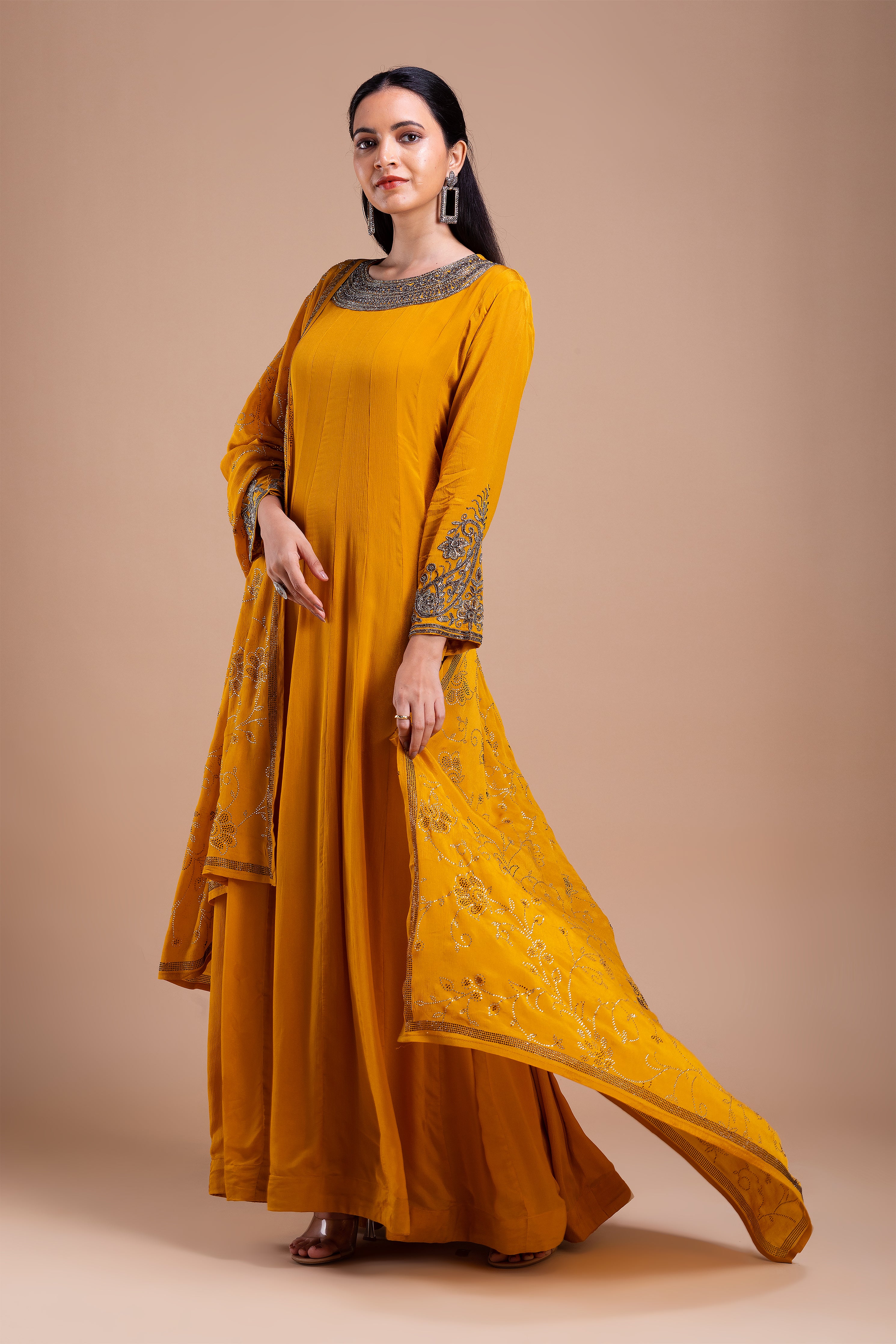 Mustard Embellished Anarkali Suit  Mokshaa