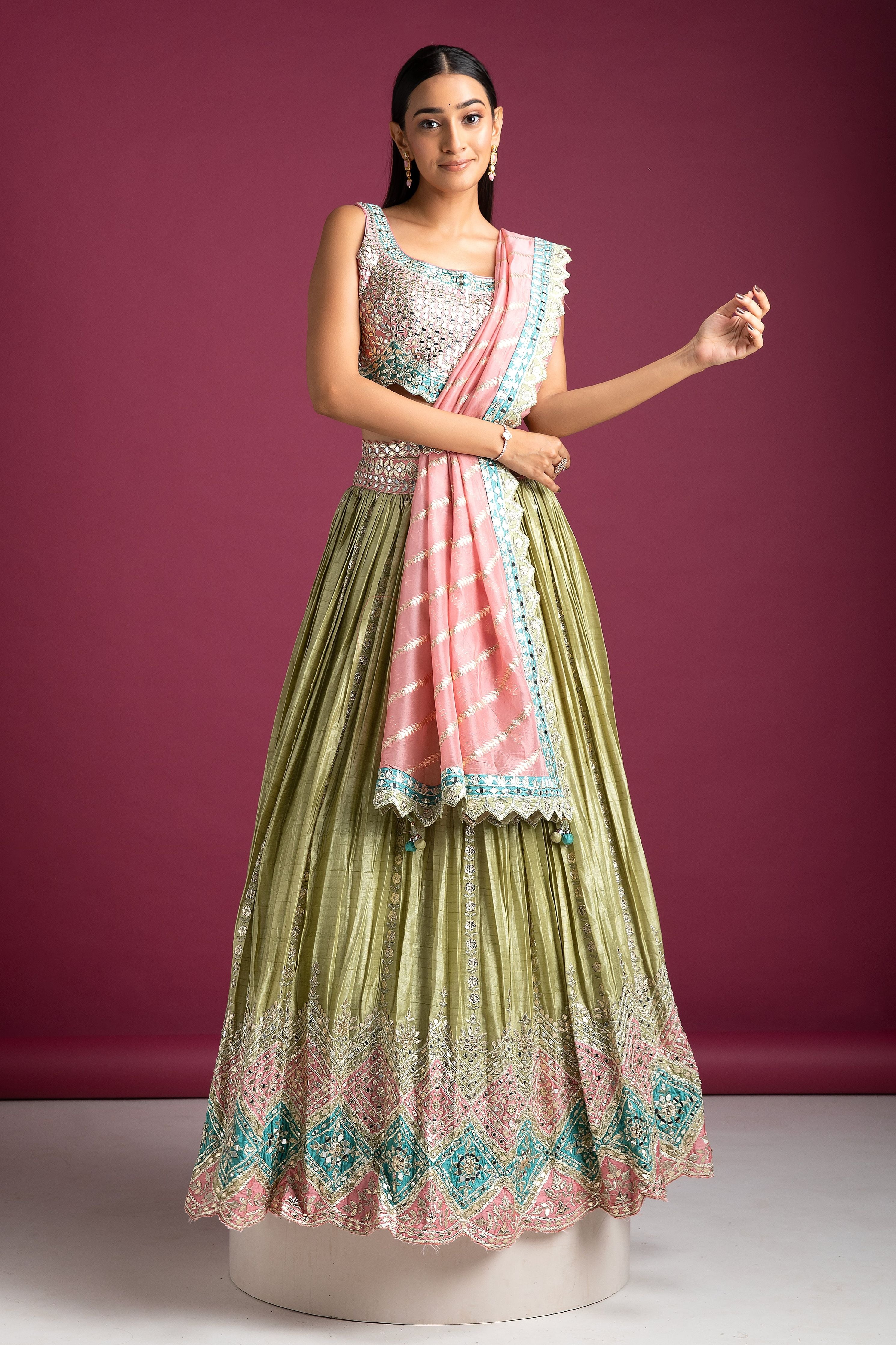 Pastel Green and Pink Embroidered Lehenga - Mokshaa