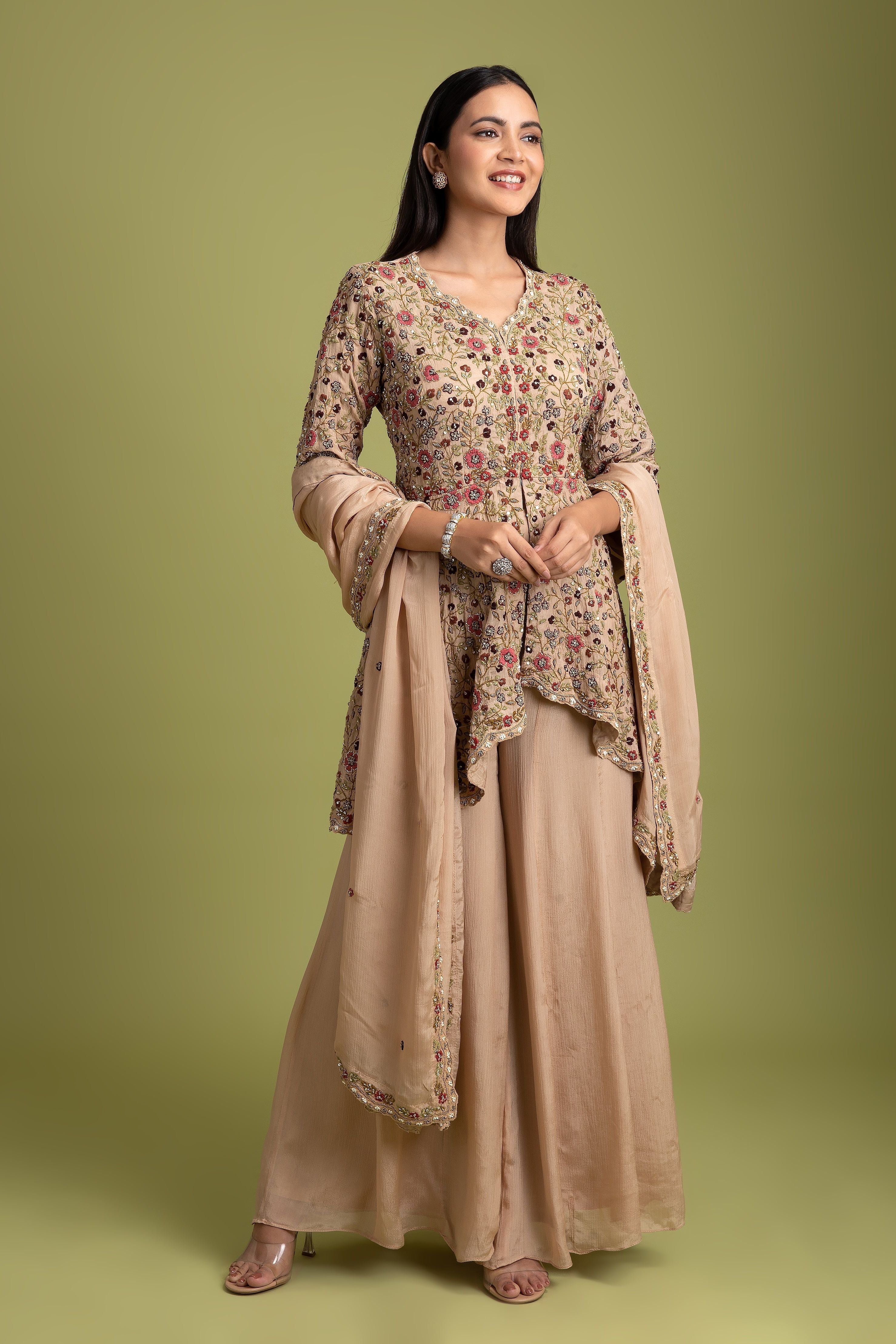 Beige silk Embroidered Top with palazzo pants - Mokshaa