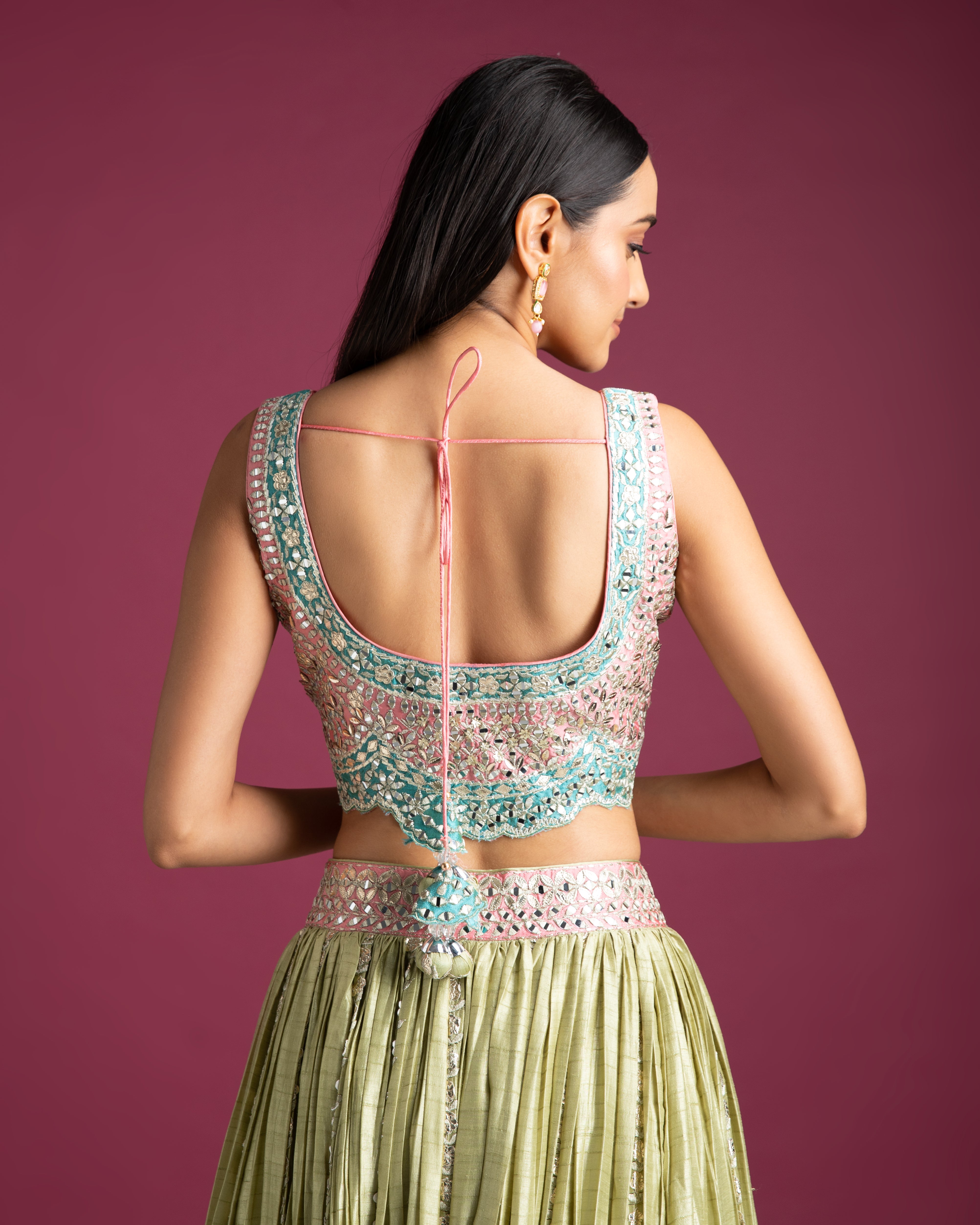 Pastel Green and Pink Embroidered Lehenga - Mokshaa