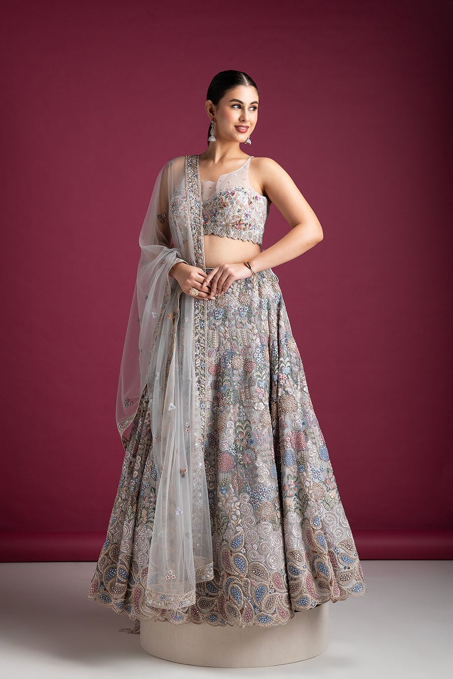 Silver Grey Embroidered Lehenga with Floral Detailing - Mokshaa