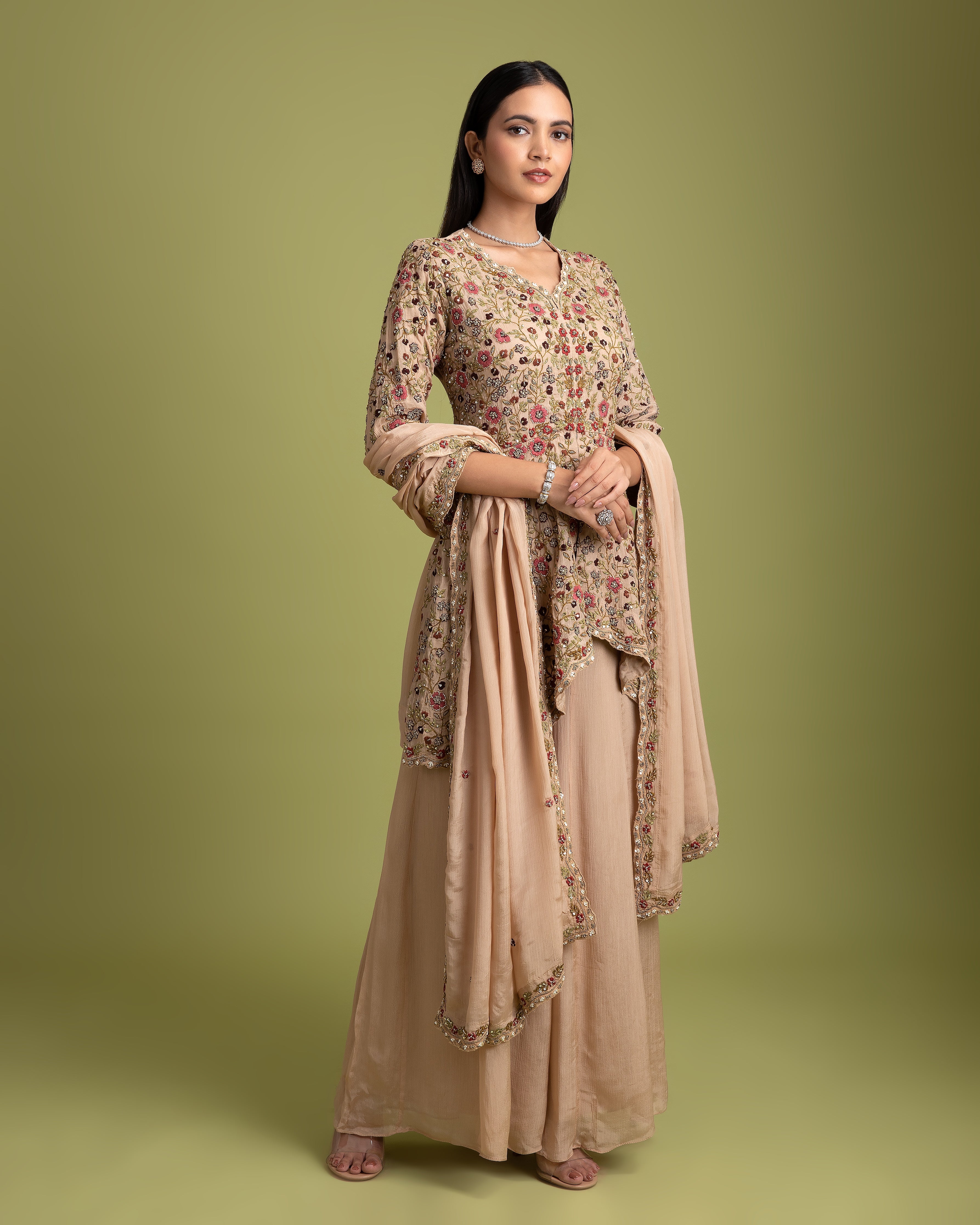 Beige silk Embroidered Top with palazzo pants - Mokshaa