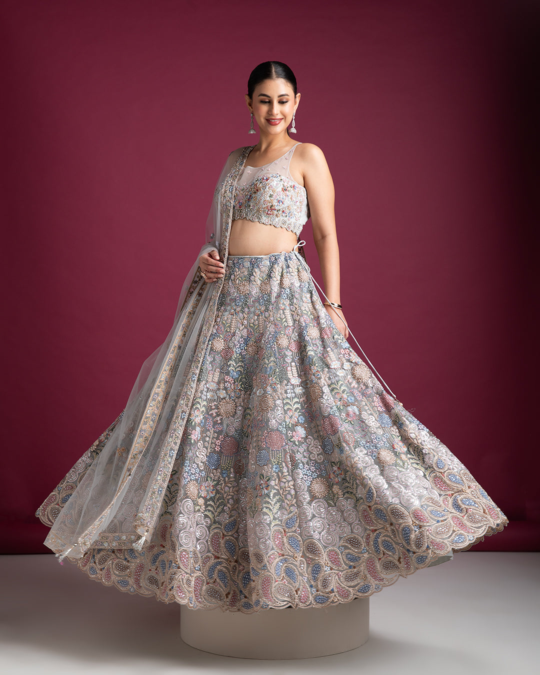 Silver Grey Embroidered Lehenga with Floral Detailing - Mokshaa