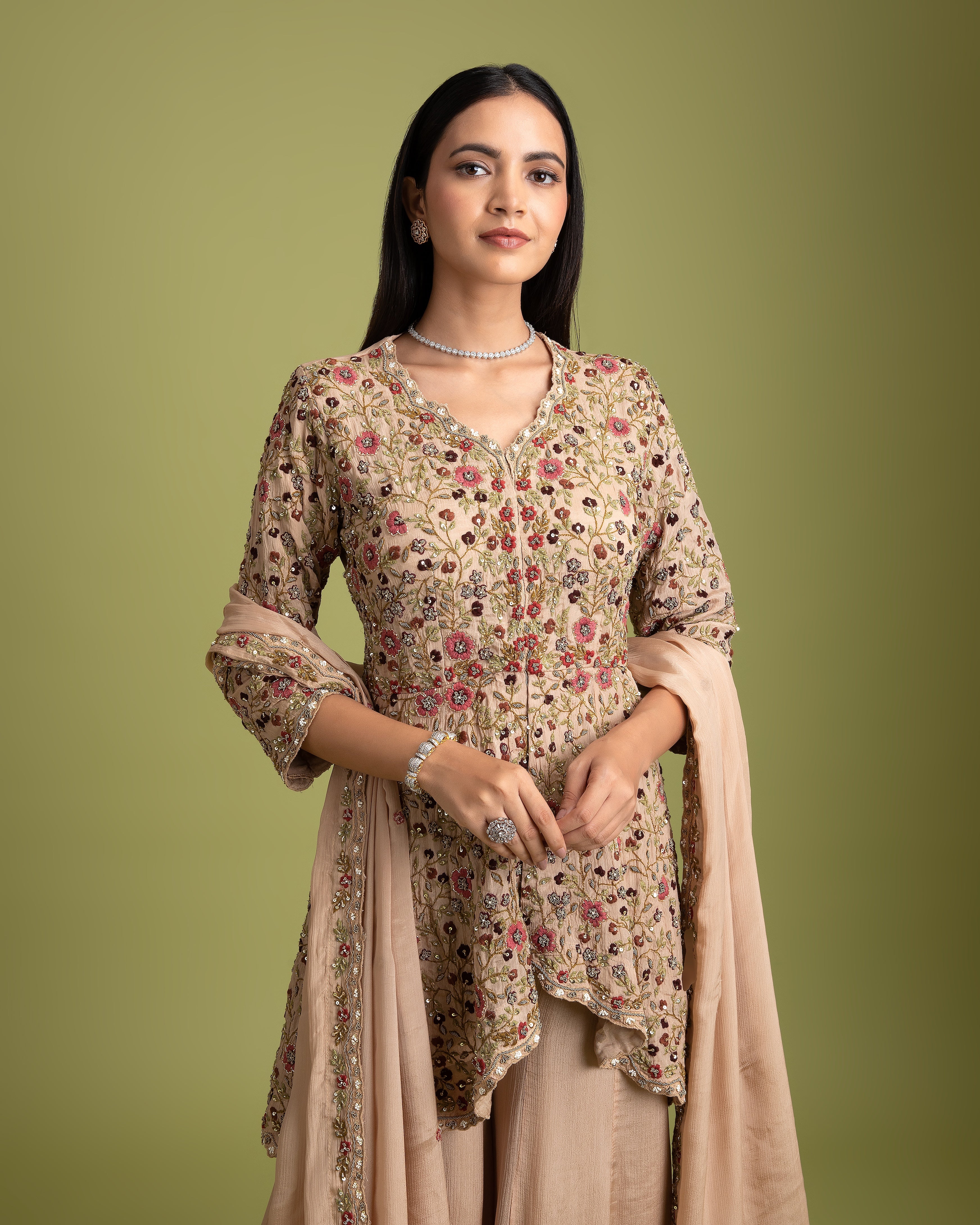 Beige silk Embroidered Top with palazzo pants - Mokshaa