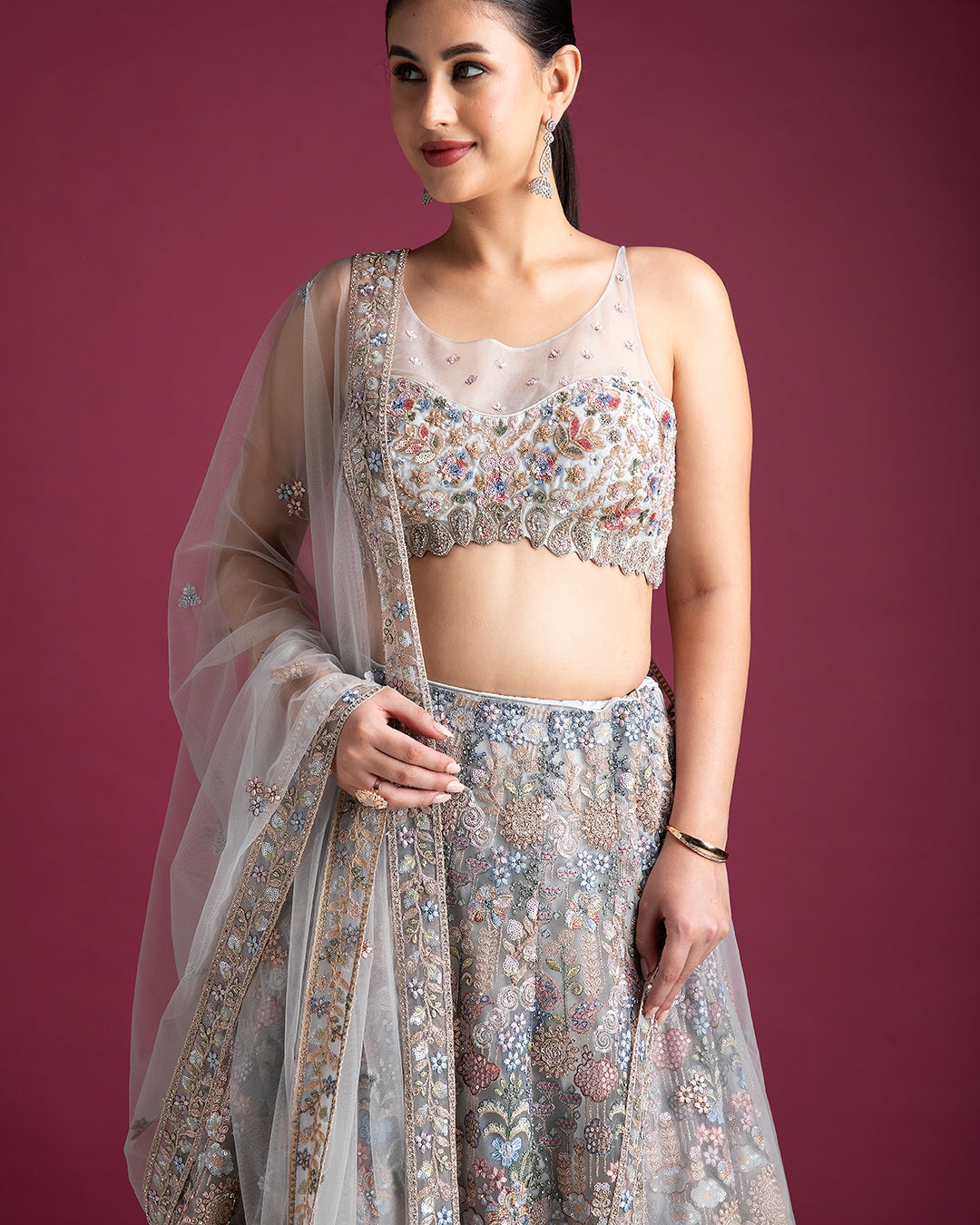 Silver Grey Embroidered Lehenga with Floral Detailing - Mokshaa