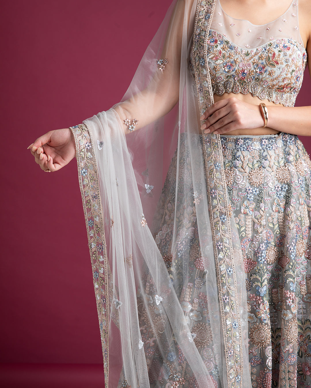 Silver Grey Embroidered Lehenga with Floral Detailing - Mokshaa