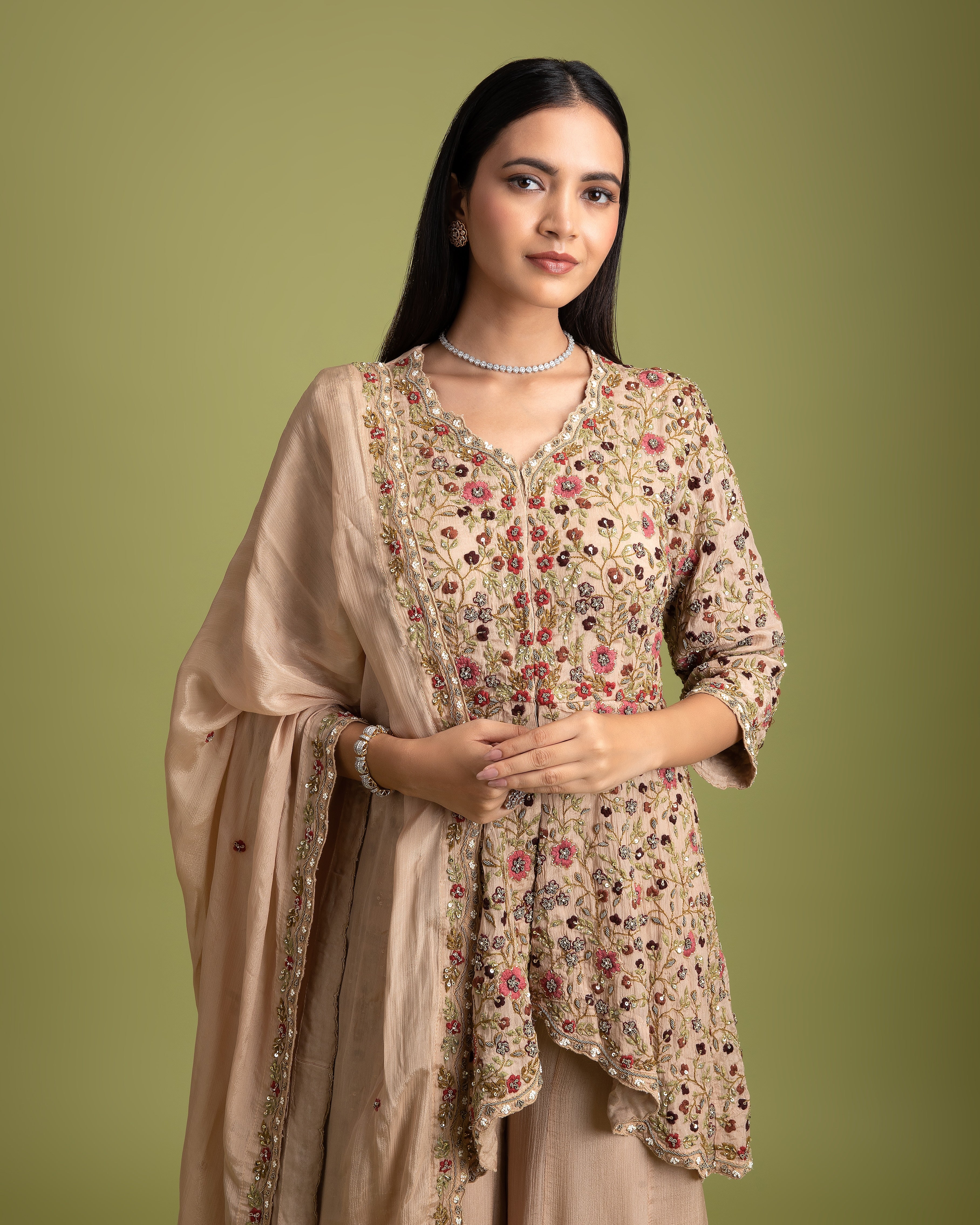 Beige silk Embroidered Top with palazzo pants - Mokshaa