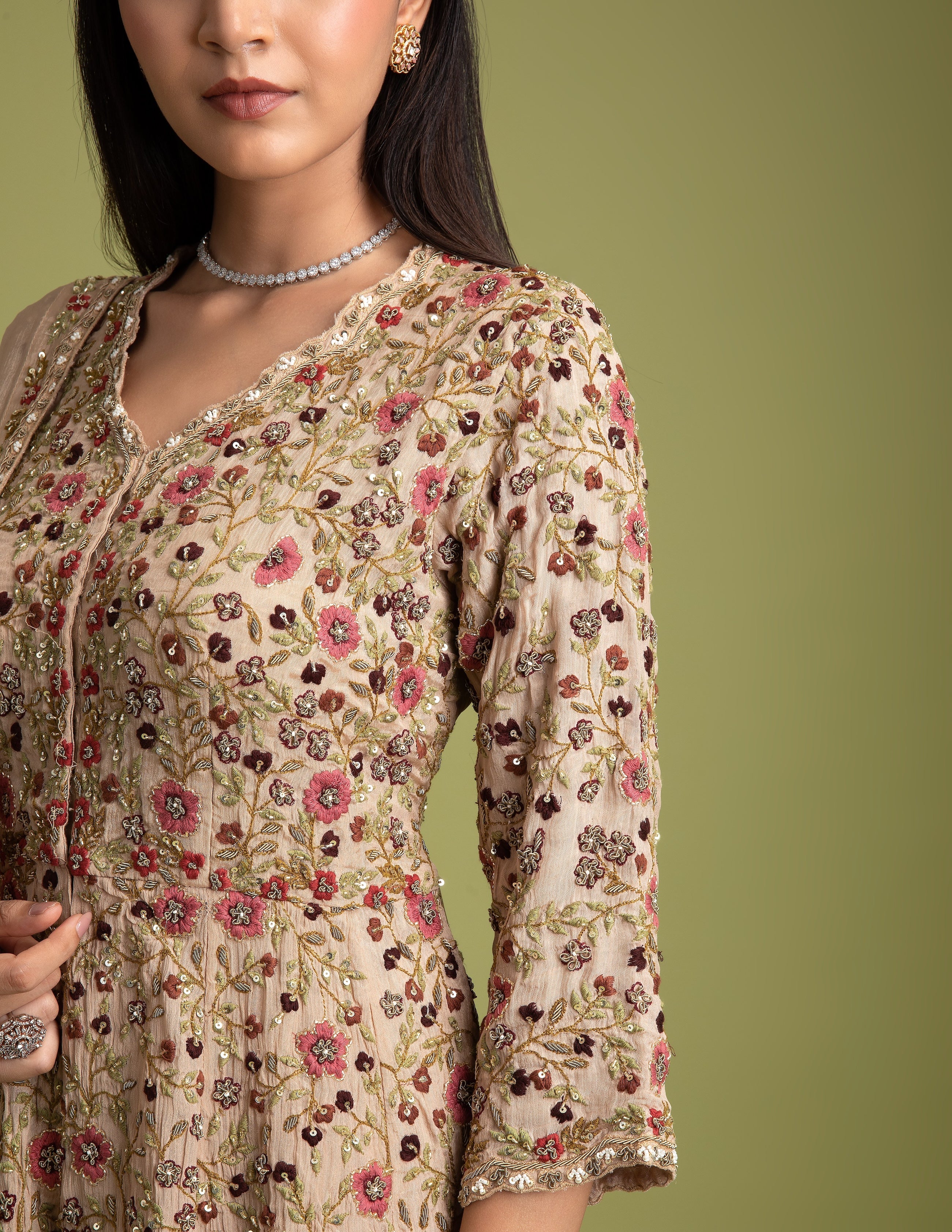 Beige silk Embroidered Top with palazzo pants - Mokshaa