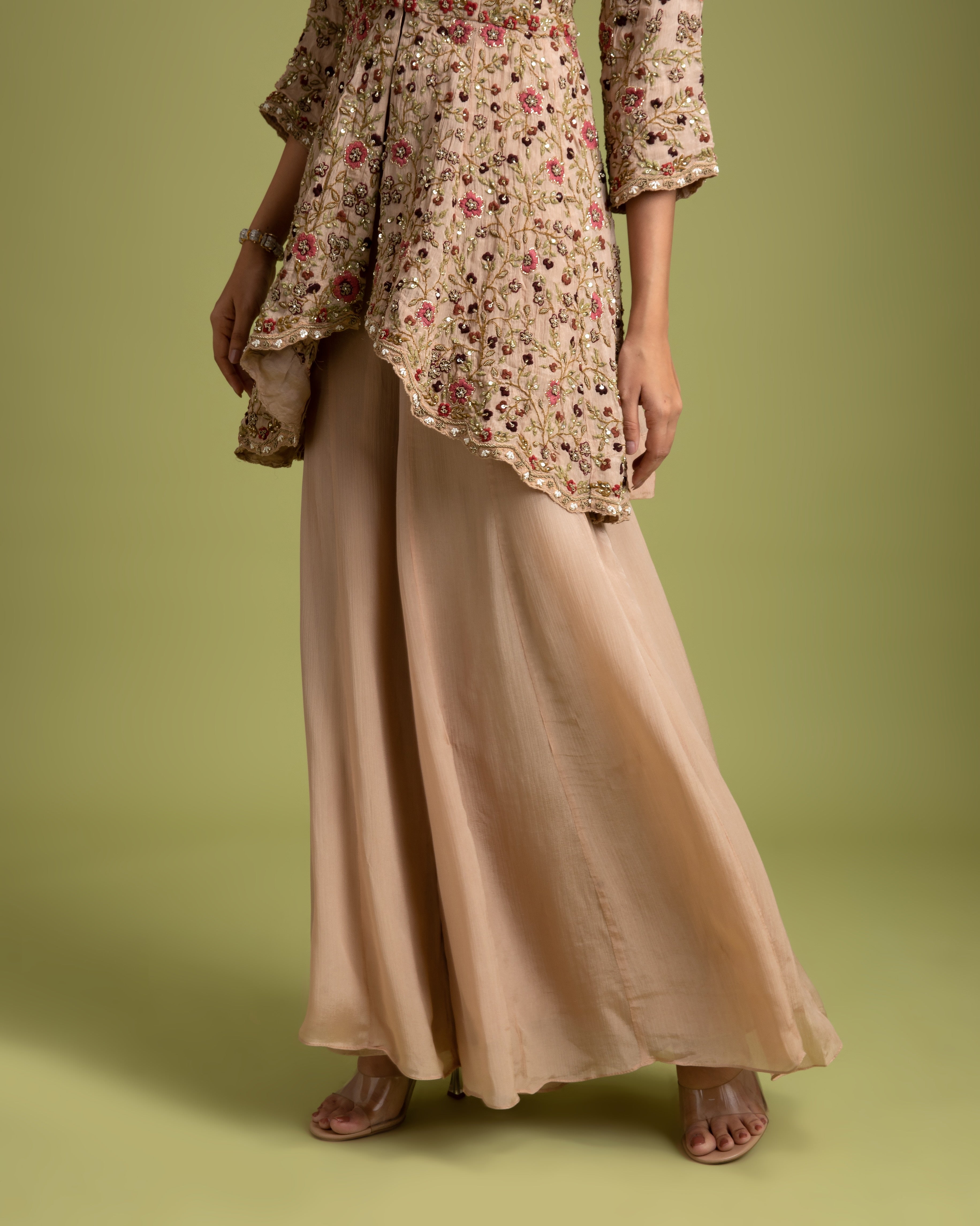 Beige silk Embroidered Top with palazzo pants - Mokshaa