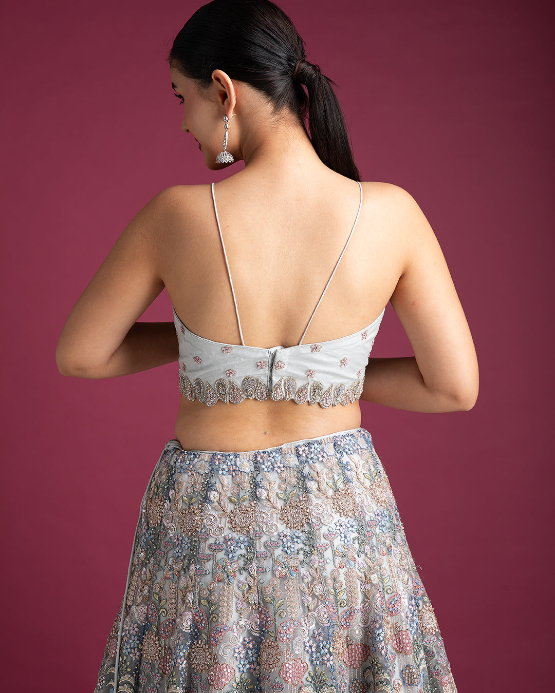 Silver Grey Embroidered Lehenga with Floral Detailing - Mokshaa