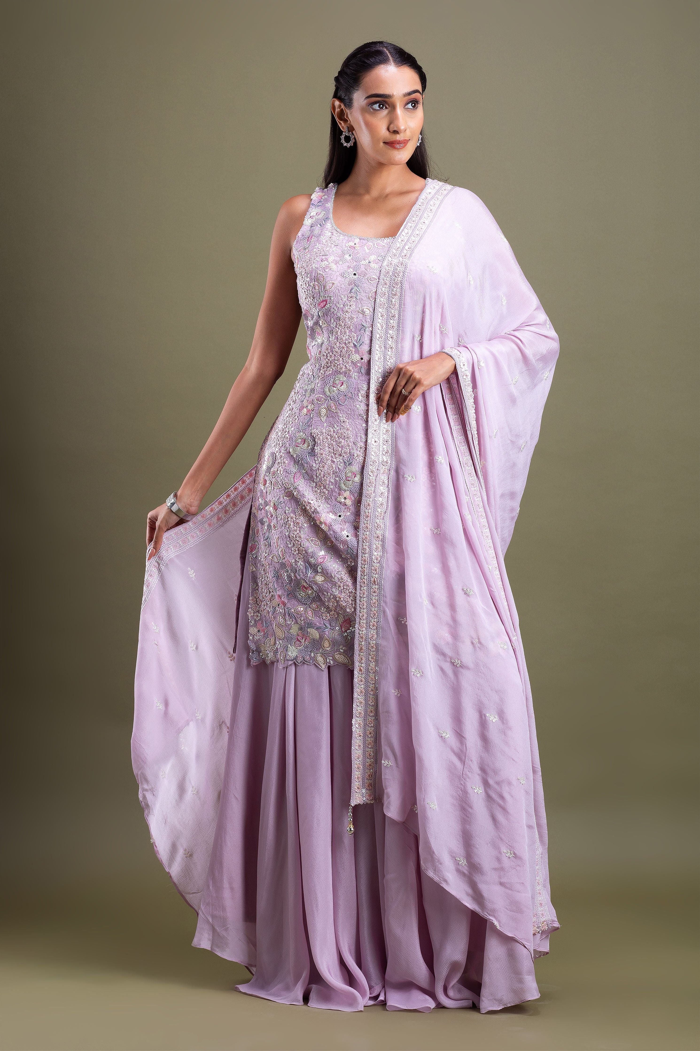 Lavender Embroidered Sharara Set  Mokshaa