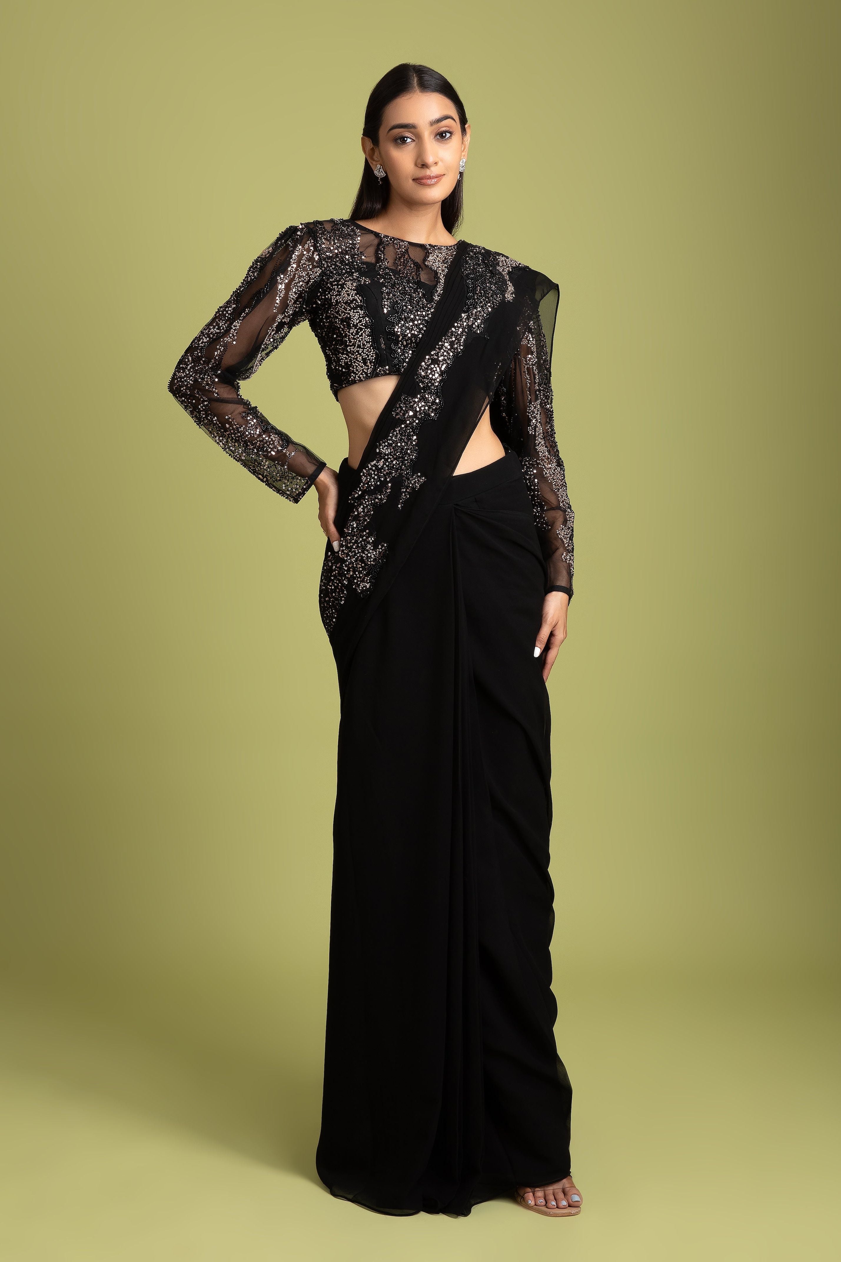 Black Georgette Drape Saree - Mokshaa