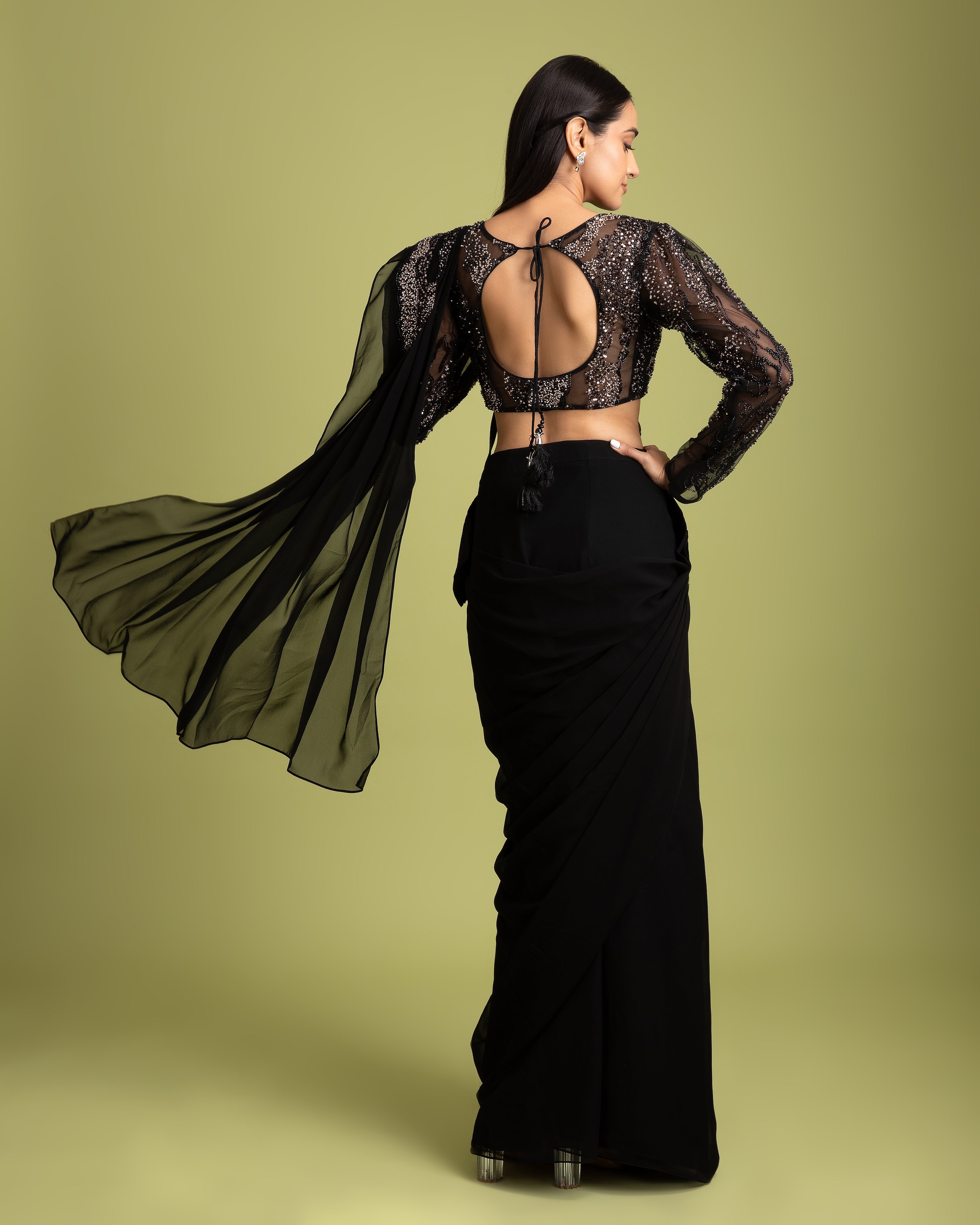 Black Georgette Drape Saree - Mokshaa