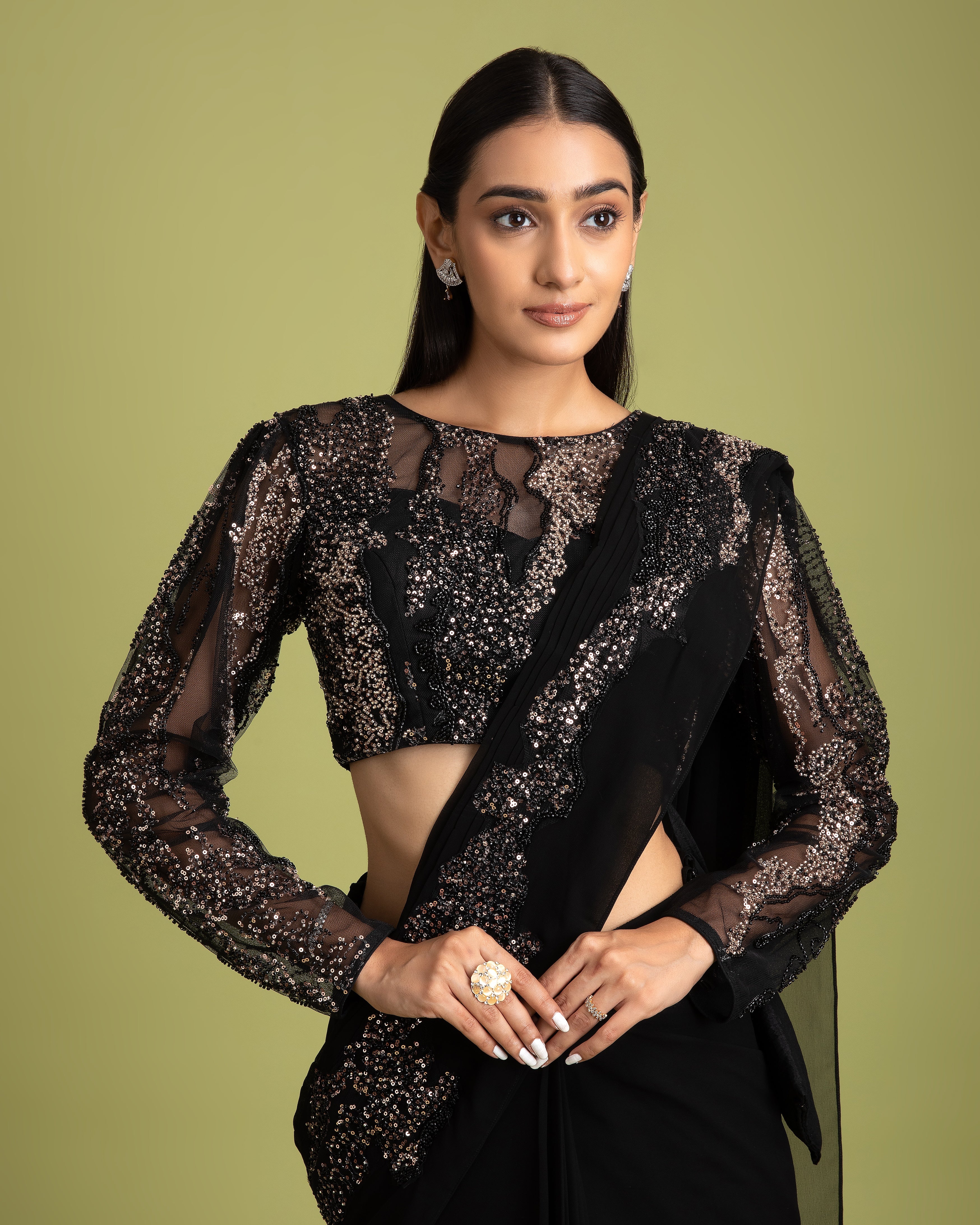 Black Georgette Drape Saree - Mokshaa