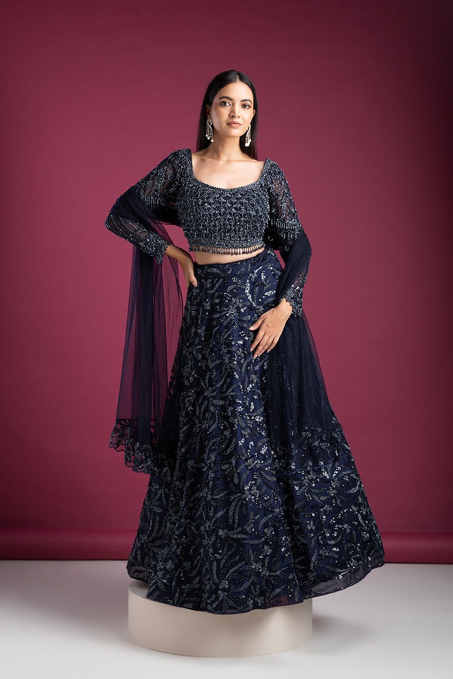 Navy Blue Sequin Lehenga Set - Mokshaa