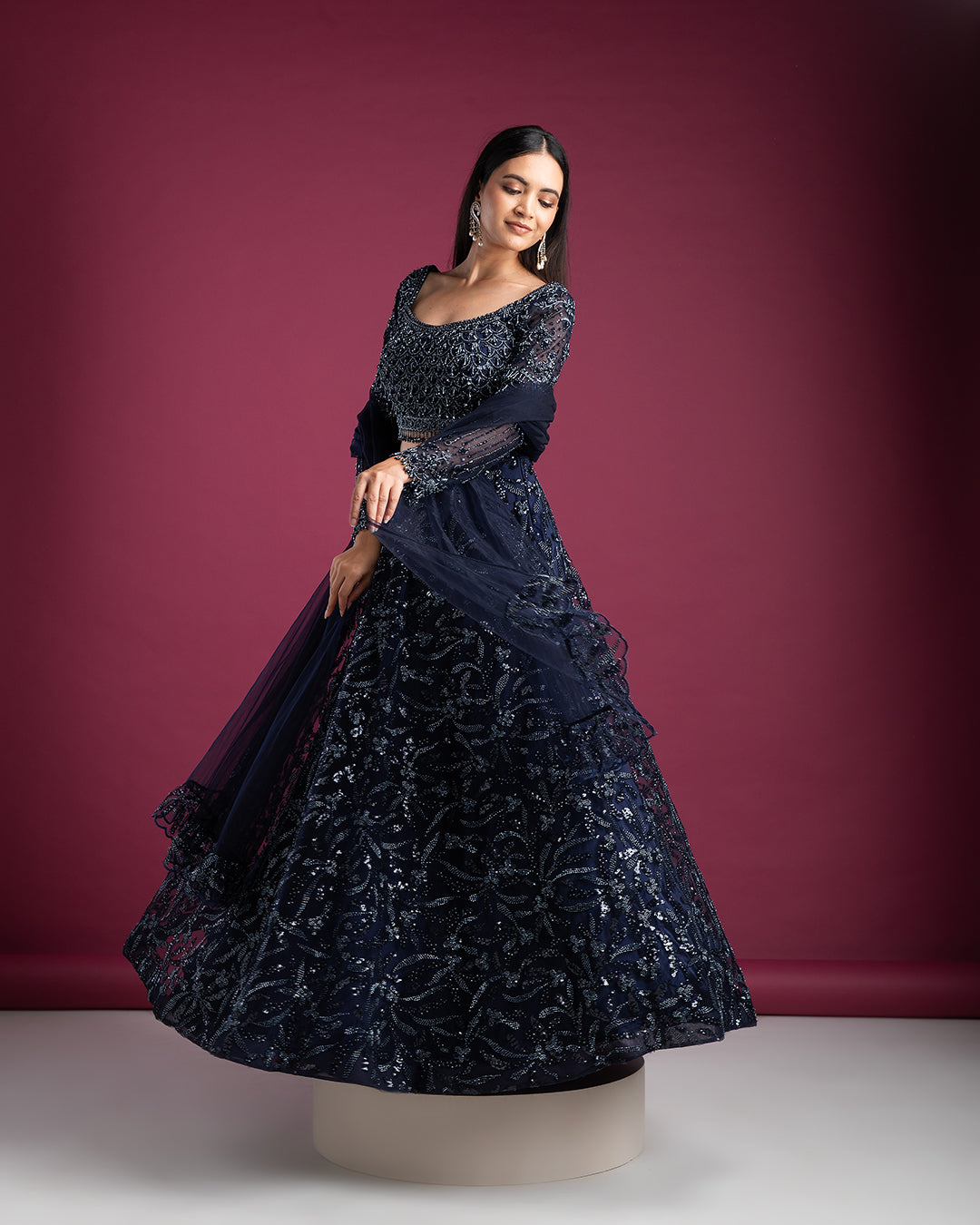 Navy Blue Sequin Lehenga Set - Mokshaa